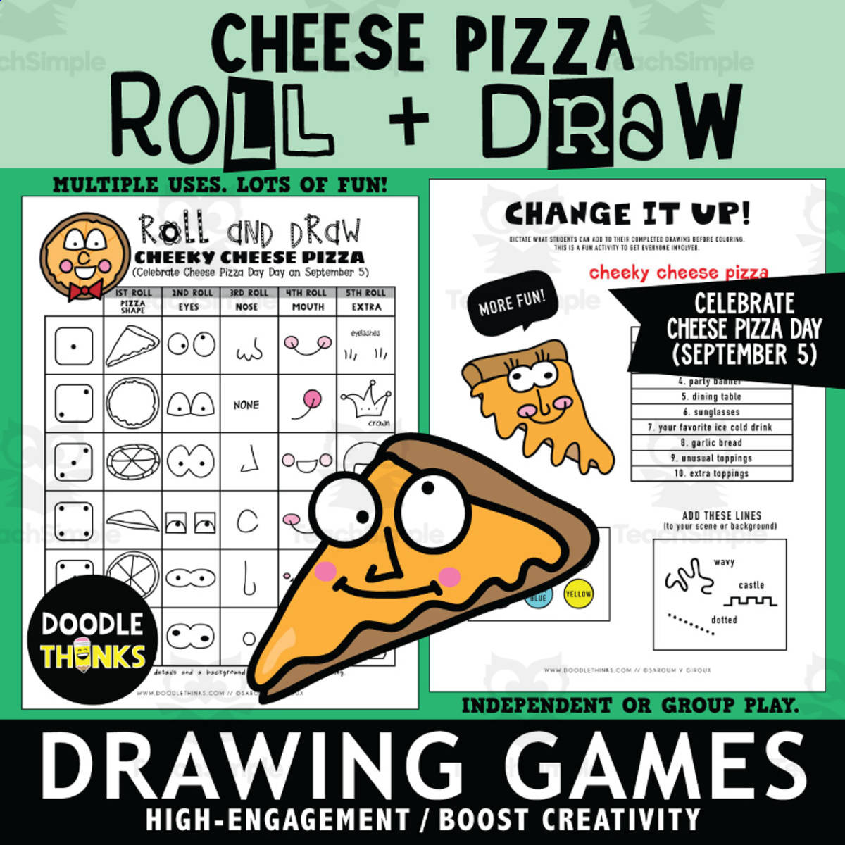 An educational teaching resource from Doodle Thinks entitled Pizza Roll and Draw Games |  Cheese Pizza Day September Art Activity downloadable at Teach Simple.