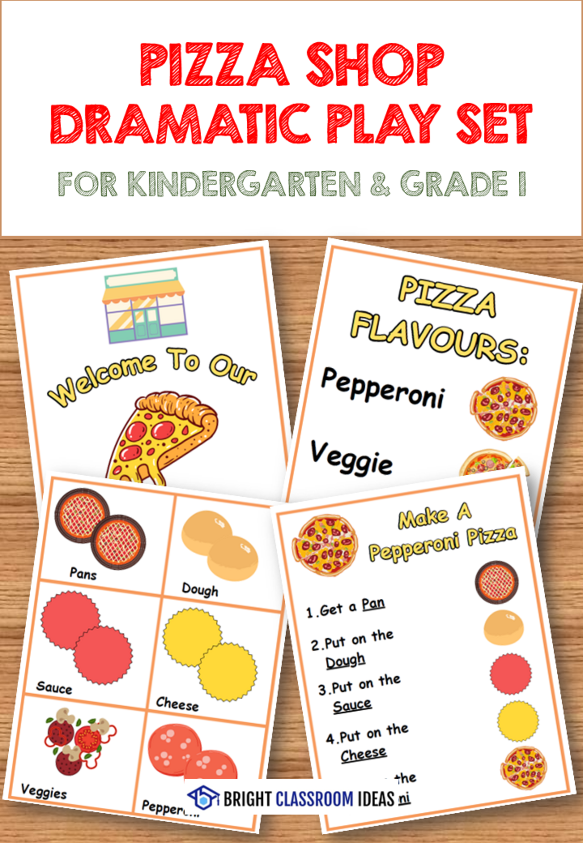 An educational teaching resource from Bright Classroom Ideas Marketplace entitled Pizza Shop Dramatic Play Set for Kindergarten & Grade 1 downloadable at Teach Simple.