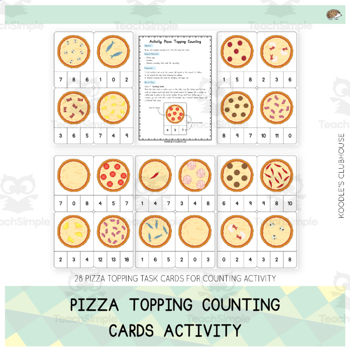 An educational teaching resource from Koodles Clubhouse entitled Pizza Topping Counting Cards Activity downloadable at Teach Simple.