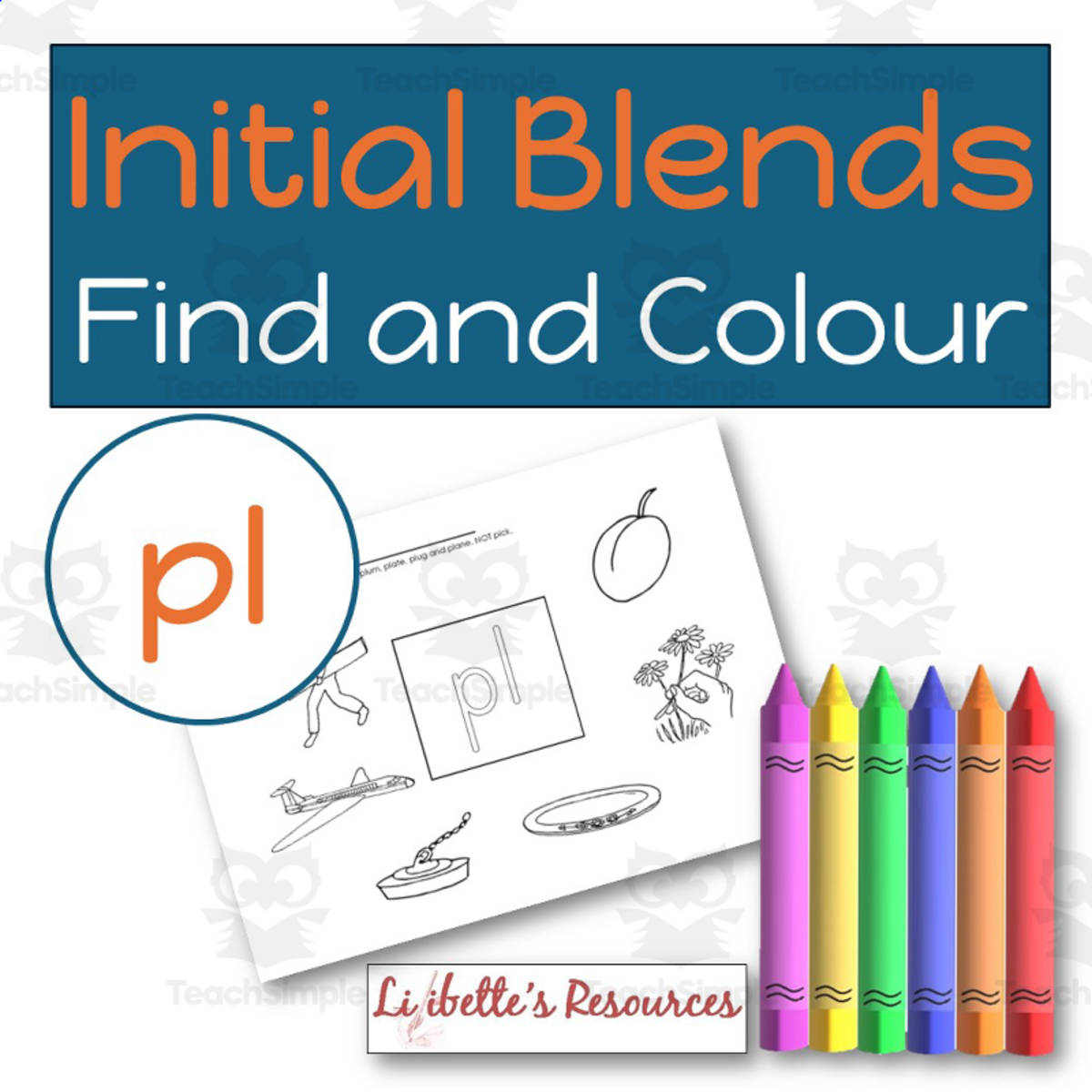 An educational teaching resource from Lilibette's Resources entitled PL Blend Find and Colour Phonics Worksheet to Develop Phonemic downloadable at Teach Simple.
