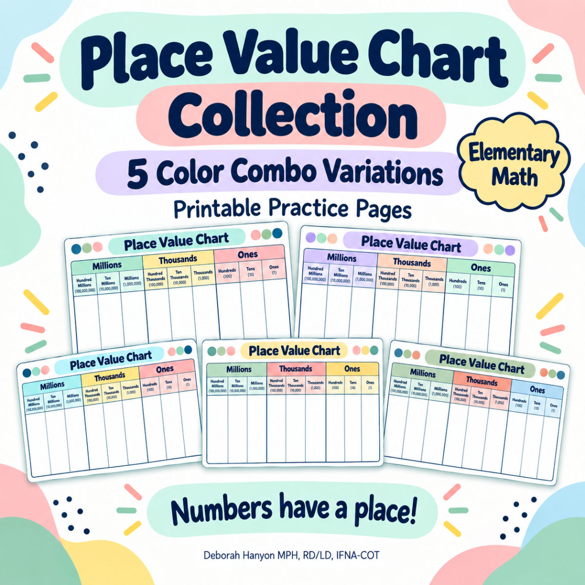 An educational teaching resource from Homeschooling Dietitian Mom entitled Place Value Chart | 5 Printable Color-Coded Math Chart downloadable at Teach Simple.