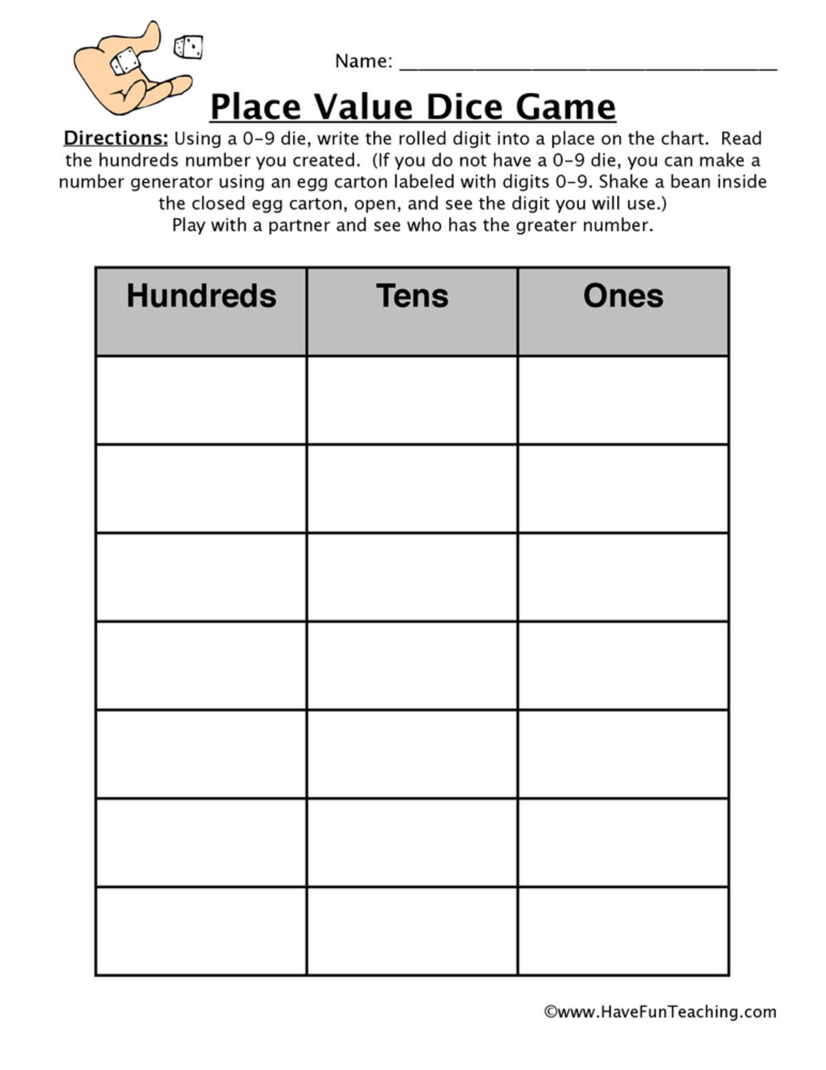 An educational teaching resource from Have Fun Teaching entitled Place Value Dice Game downloadable at Teach Simple.