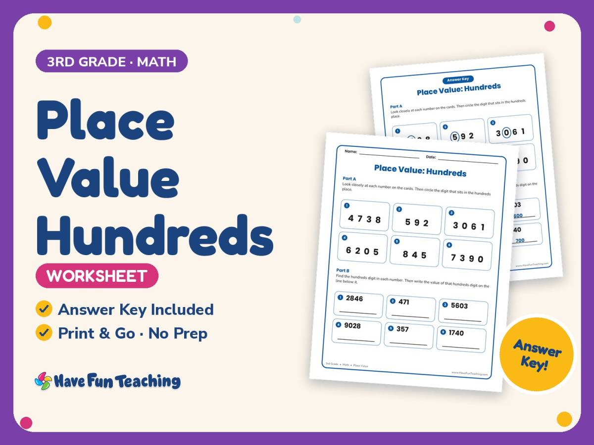 Place Value Hundreds Worksheet – 3rd Grade Math Practice + Answer Key preview