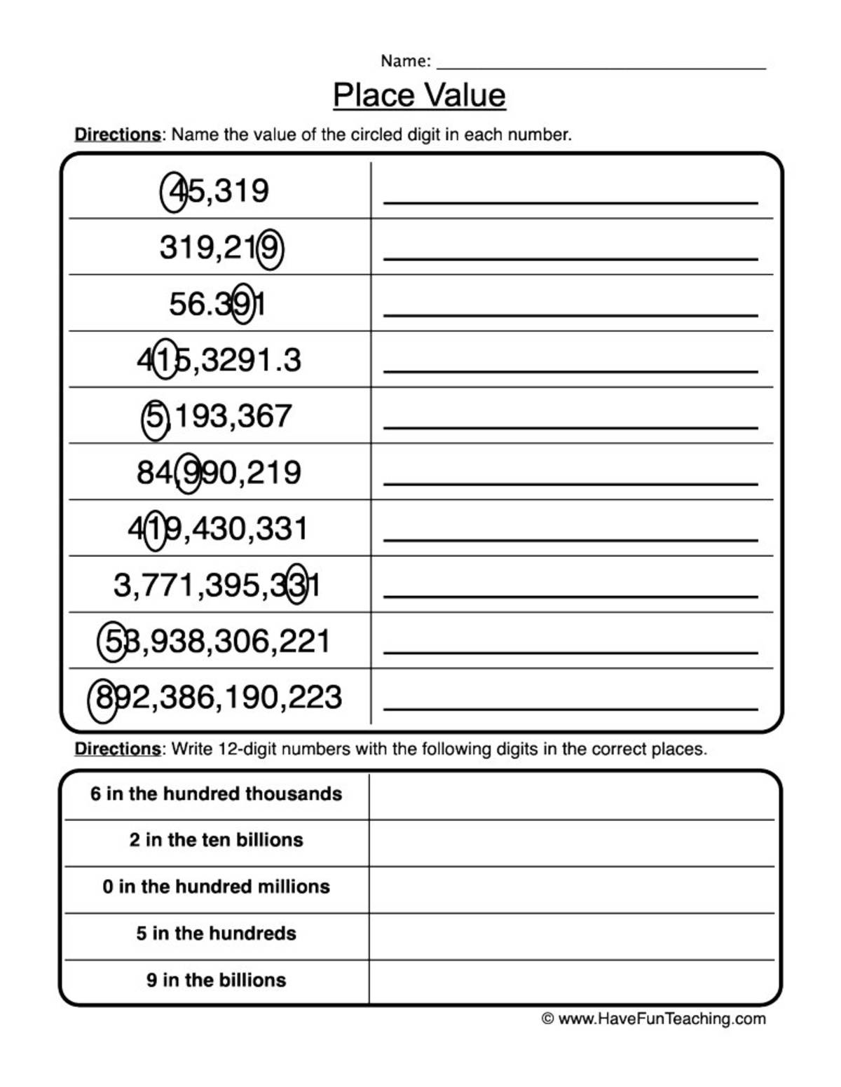 An educational teaching resource from Have Fun Teaching entitled Place Value Identification Worksheet downloadable at Teach Simple.