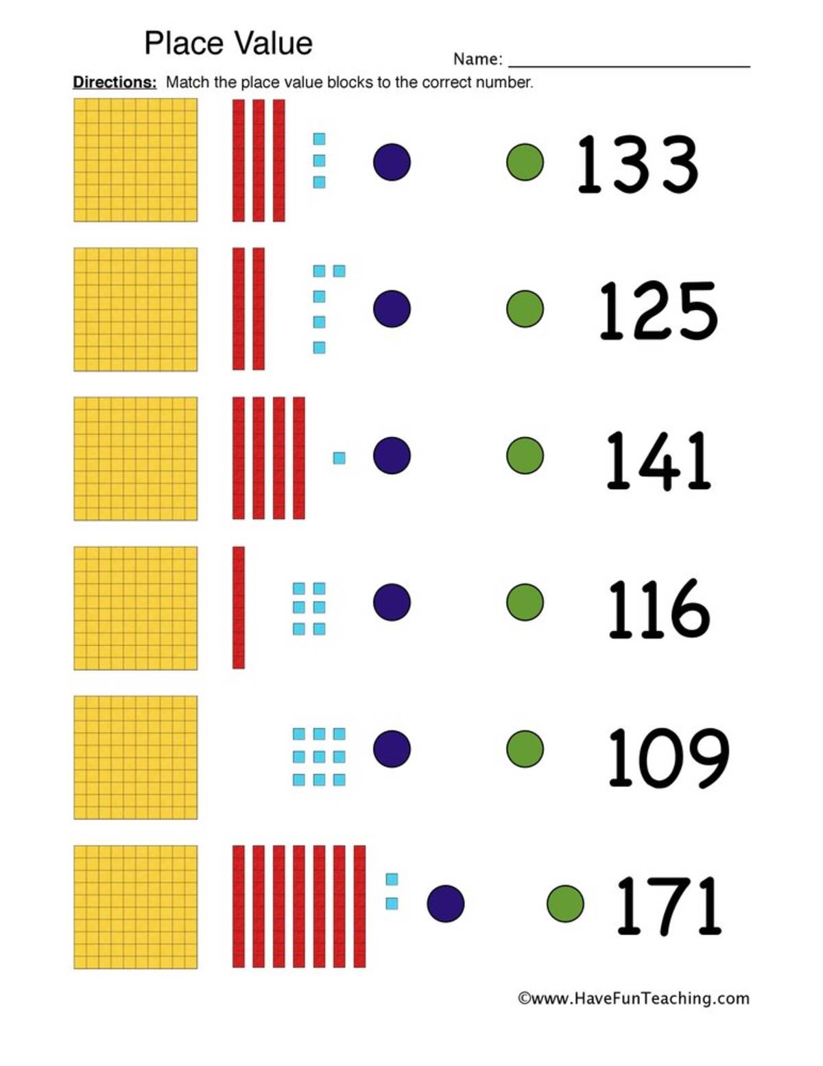 An educational teaching resource from Have Fun Teaching entitled Place Value Matching Worksheet downloadable at Teach Simple.