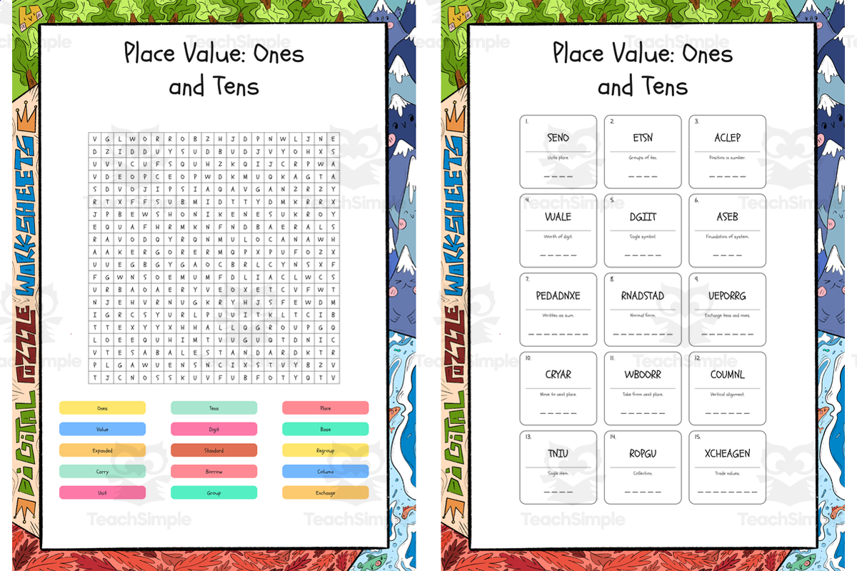 An educational teaching resource from Lapiiin Art Activities entitled Place Value Ones and Tens word search, scramble and crossword puzzle downloadable at Teach Simple.