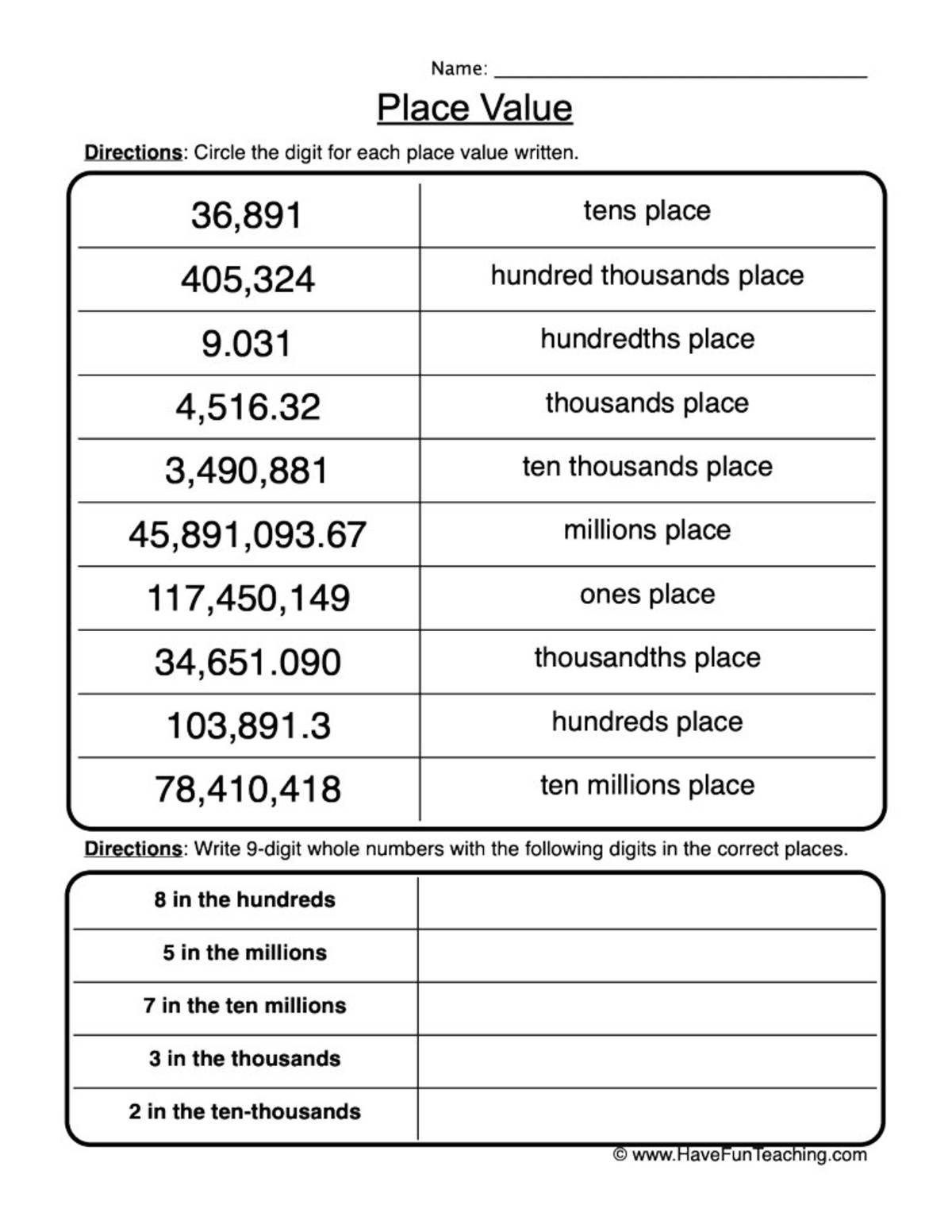 An educational teaching resource from Have Fun Teaching entitled Place Value Review Worksheet downloadable at Teach Simple.