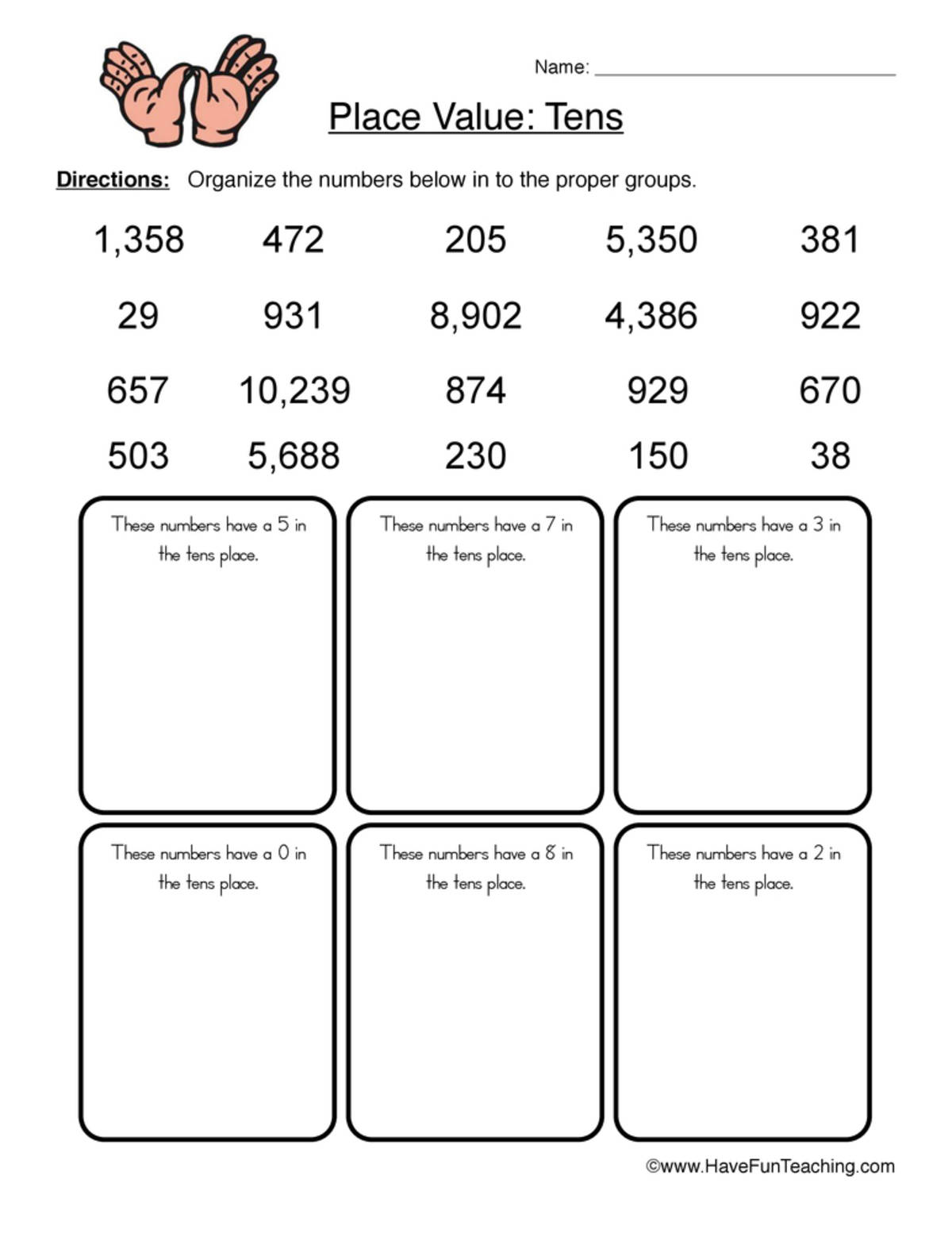 An educational teaching resource from Have Fun Teaching entitled Place Value Tens Sorting Worksheet downloadable at Teach Simple.
