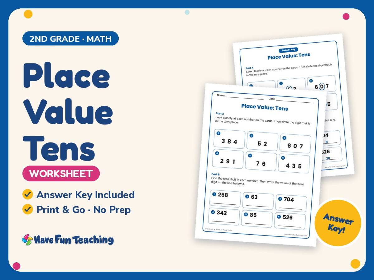 Place Value Tens Worksheet – 2nd Grade Math Practice + Answer Key preview