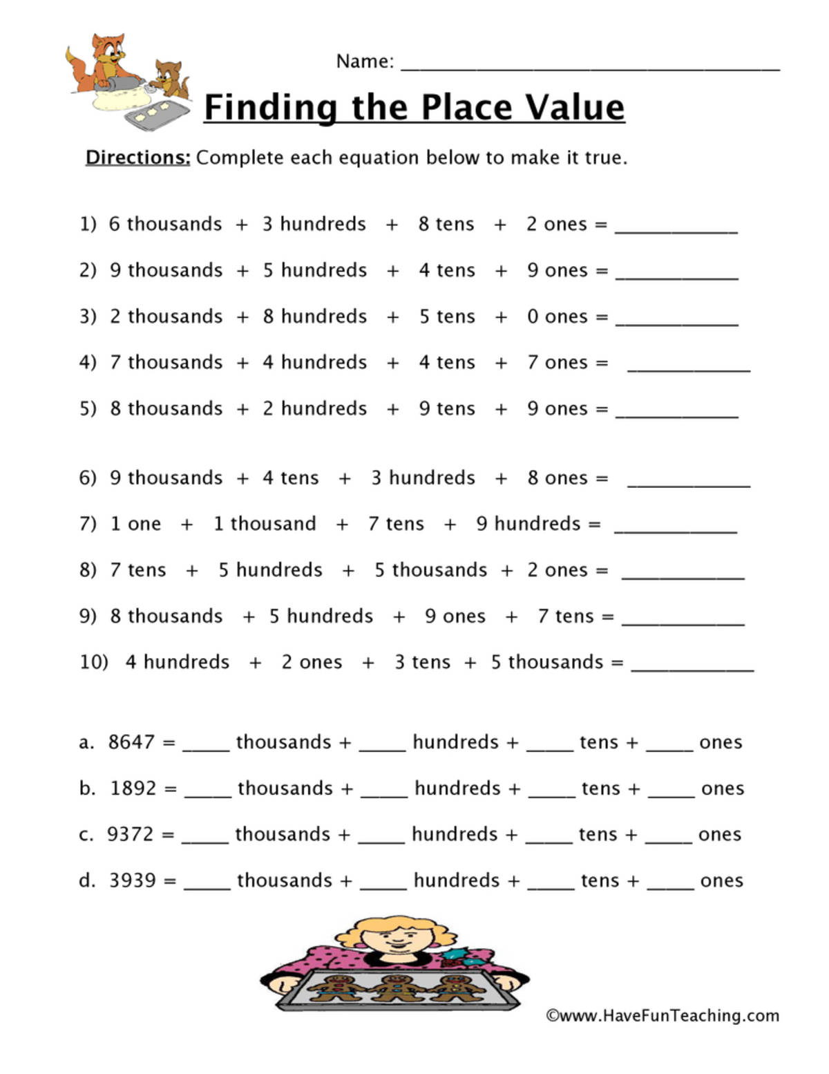 An educational teaching resource from Have Fun Teaching entitled Place Value Thousands, Hundreds, Tens, Ones Worksheet downloadable at Teach Simple.