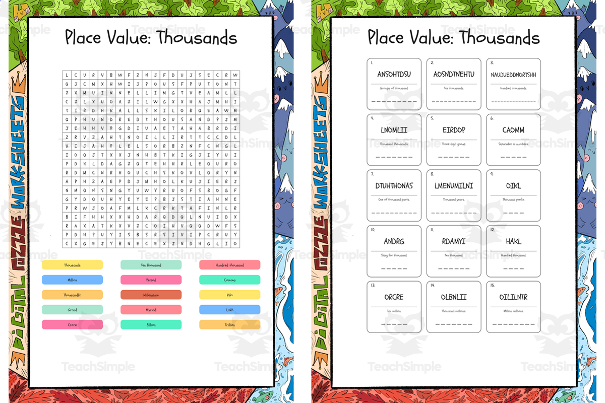 An educational teaching resource from Lapiiin Art Activities entitled Place Value Thousands word search, scramble and crossword puzzle downloadable at Teach Simple.