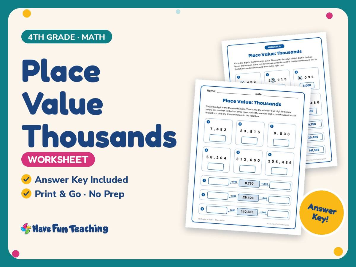 Place Value Thousands Worksheet – 4th Grade Math Practice + Answer Key preview