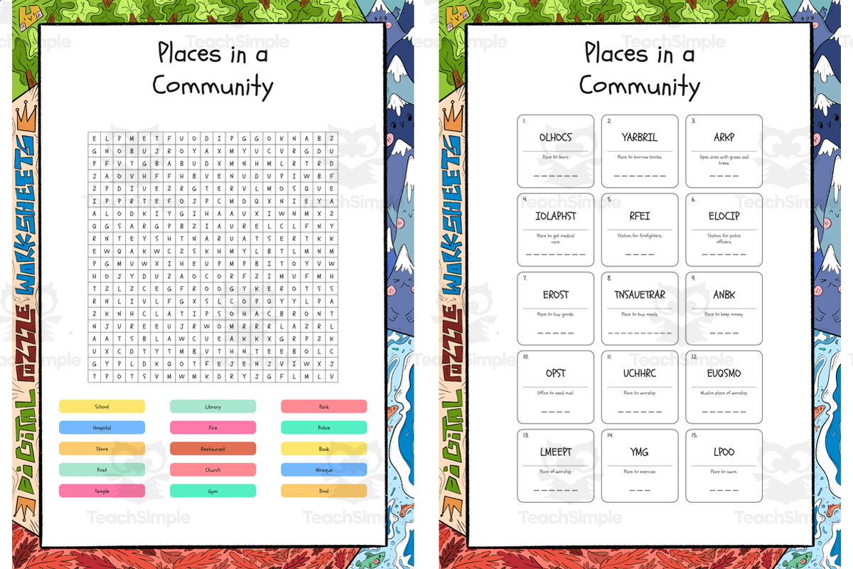 An educational teaching resource from Lapiiin Art Activities entitled Places in a Community word search, scramble and crossword puzzle downloadable at Teach Simple.