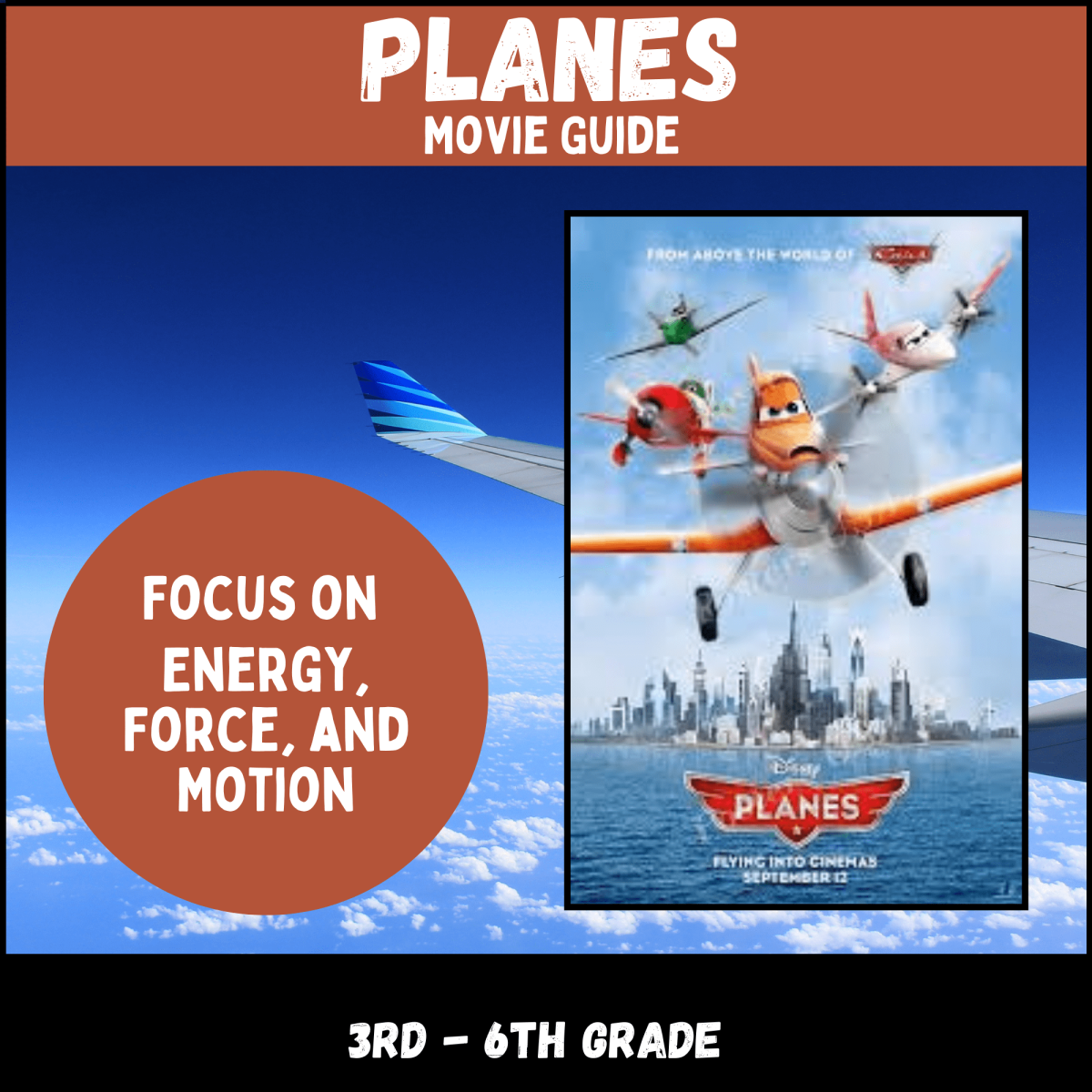 An educational teaching resource from Kel's Klass entitled Planes Movie Guide (Force, Motion, Energy, and Speaking/Listening) downloadable at Teach Simple.