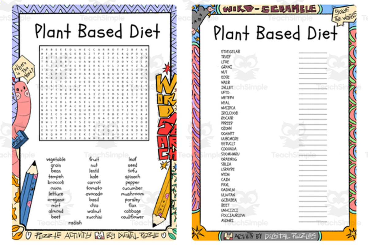 An educational teaching resource from Lapiiin Art Activities entitled Plant Based Diet word search & scramble downloadable at Teach Simple.