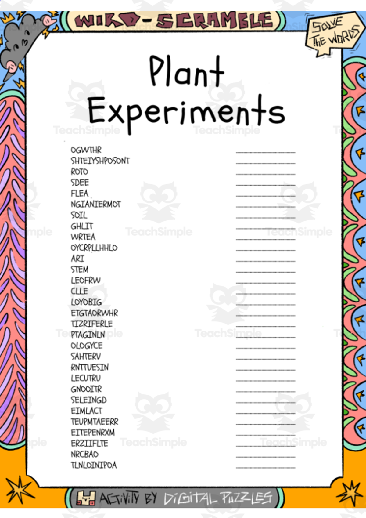 An educational teaching resource from Lapiiin Art Activities entitled Plant Experiments word Scramble puzzle worksheet downloadable at Teach Simple.