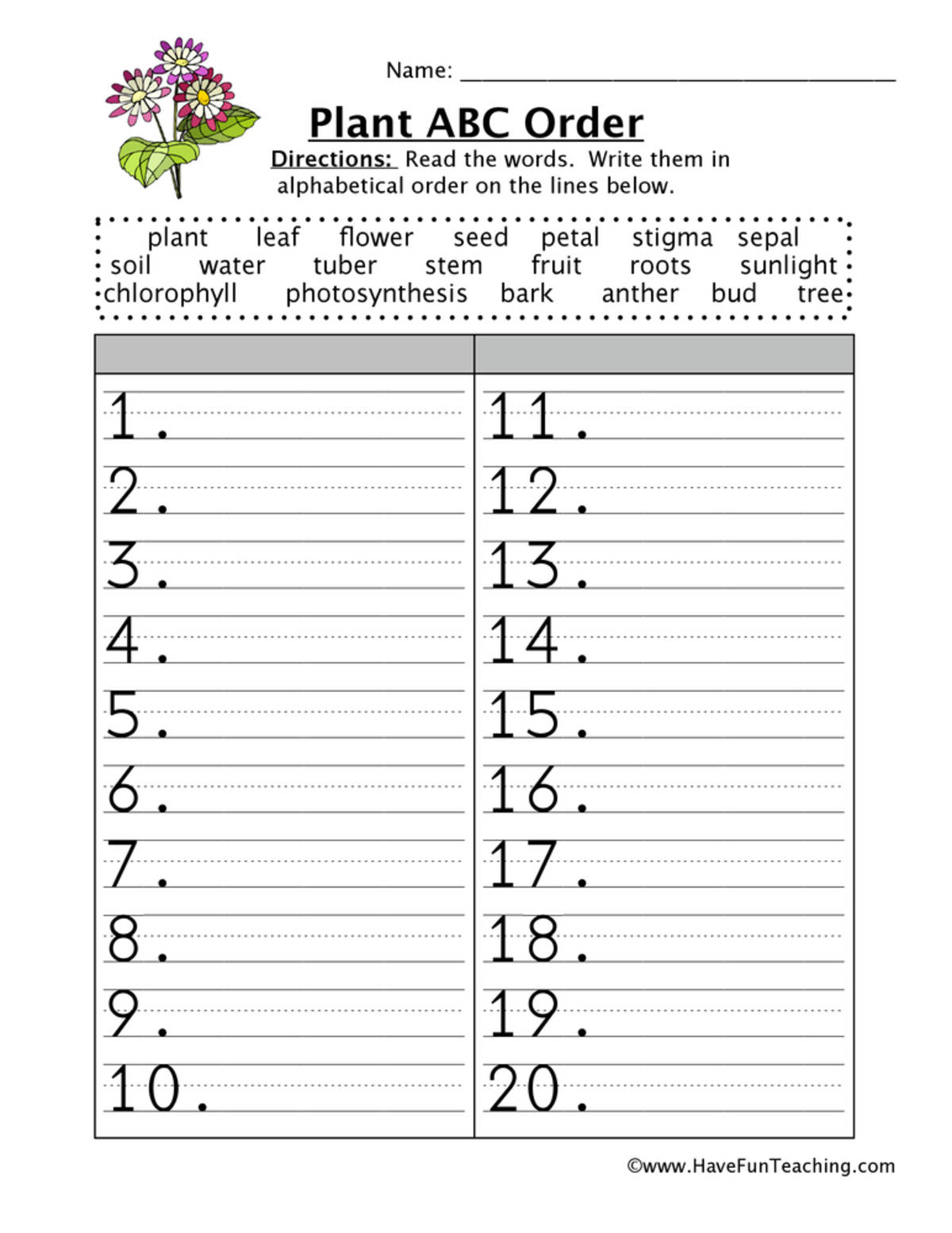 An educational teaching resource from Have Fun Teaching entitled Plants Alphabetical Order Worksheet downloadable at Teach Simple.