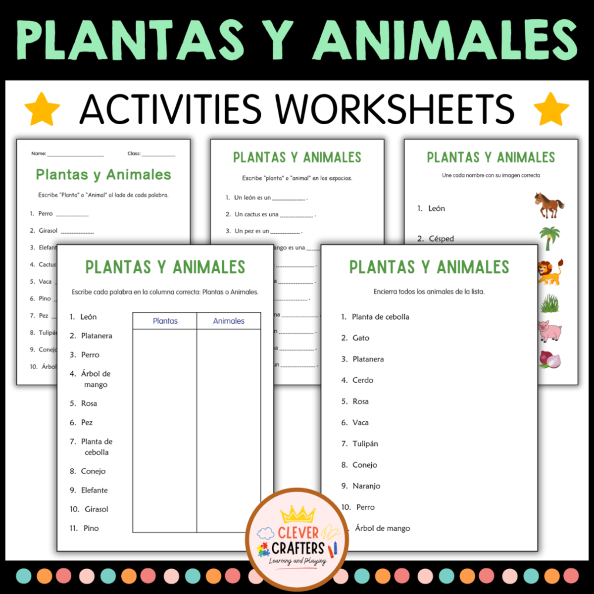An educational teaching resource from Clever Crafters entitled Plants and Animals Activity Worksheets in Spanish downloadable at Teach Simple.
