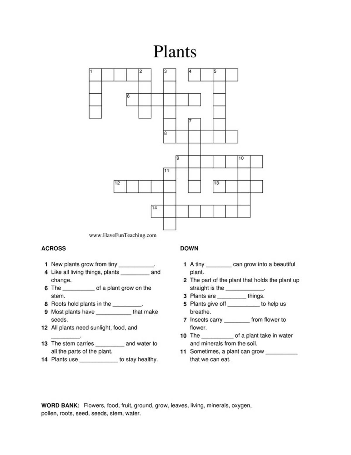 An educational teaching resource from Have Fun Teaching entitled Plants Crossword Puzzle downloadable at Teach Simple.