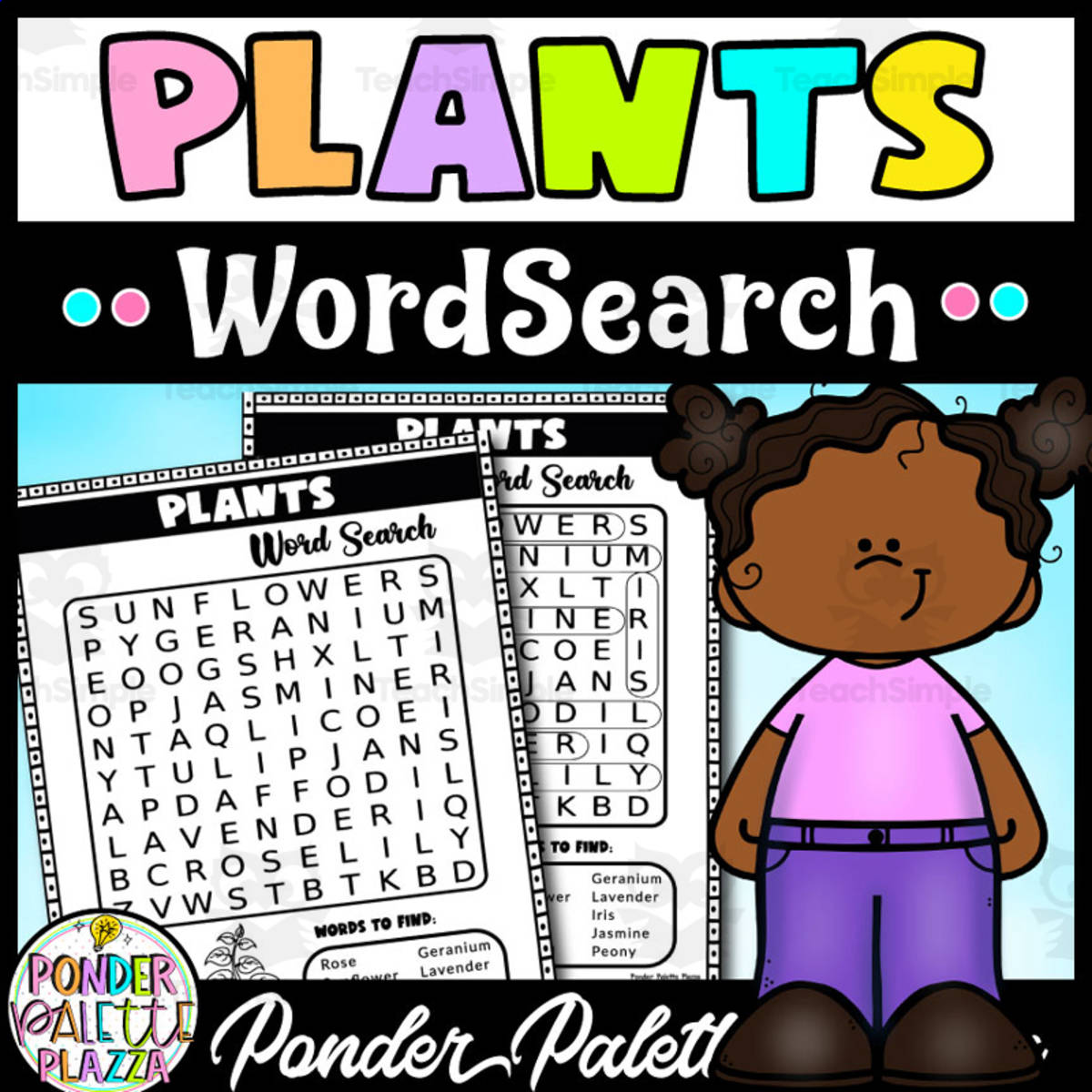 An educational teaching resource from Ponder Palette Plazza entitled Plants Wordsearch Puzzles + Solution downloadable at Teach Simple.