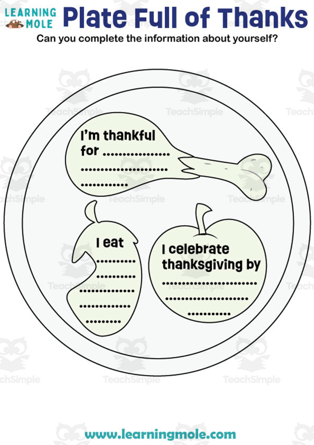 An educational teaching resource from Educational Voice entitled Plate Full of Thanks Activity downloadable at Teach Simple.