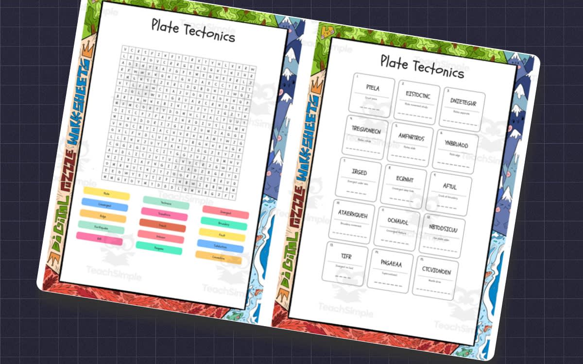 An educational teaching resource from Lapiiin Art Activities entitled Plate Tectonics word search, scramble and crossword puzzle downloadable at Teach Simple.