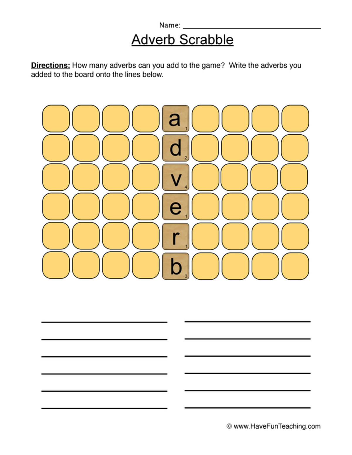 An educational teaching resource from Have Fun Teaching entitled Play Scrabble Adverbs Worksheet downloadable at Teach Simple.