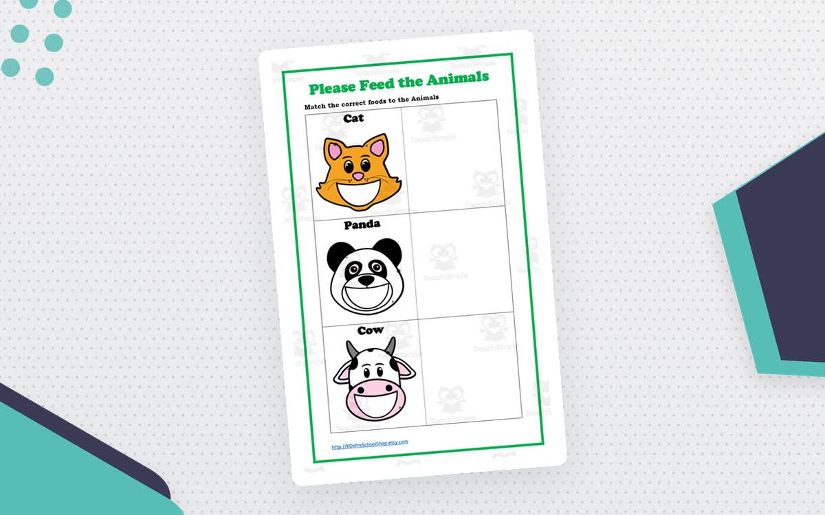 An educational teaching resource from KD's Kids School Shop entitled Please Feed the Animals – Matching Worksheet downloadable at Teach Simple.