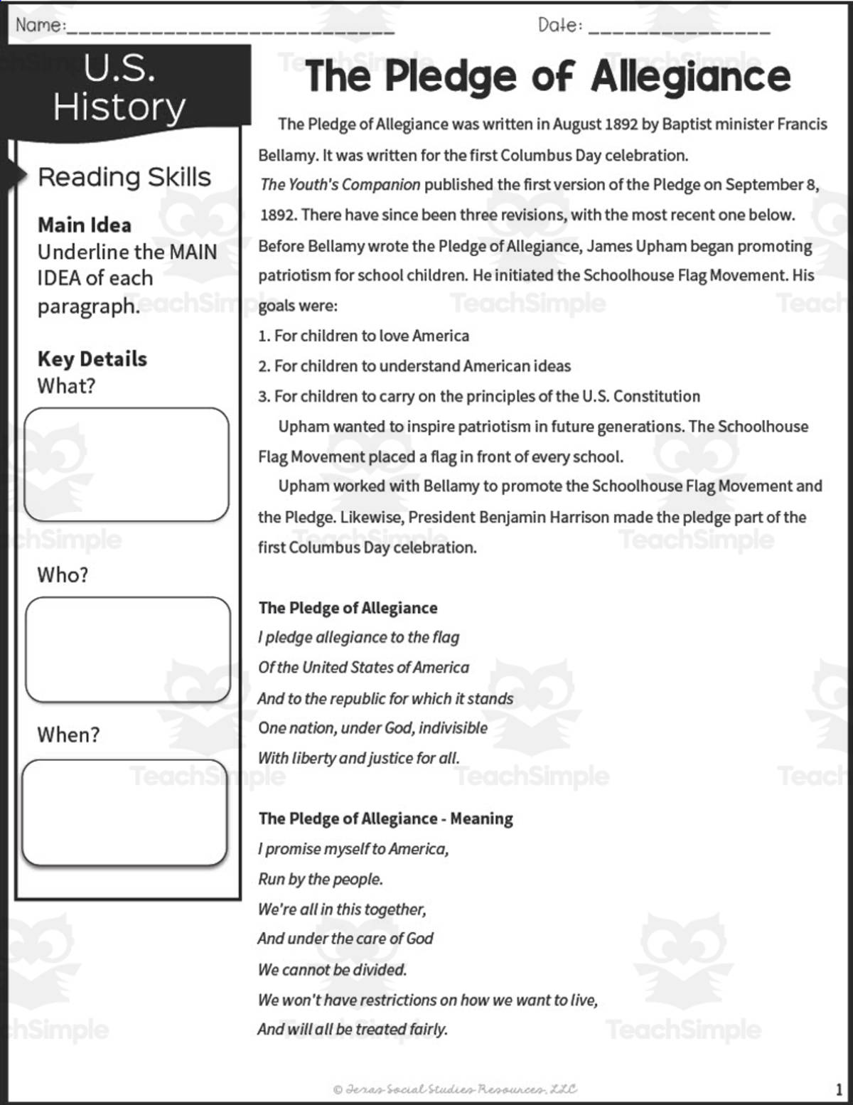 An educational teaching resource from Sarah Miller Tech entitled Pledge of Allegiance Reading Packet downloadable at Teach Simple.