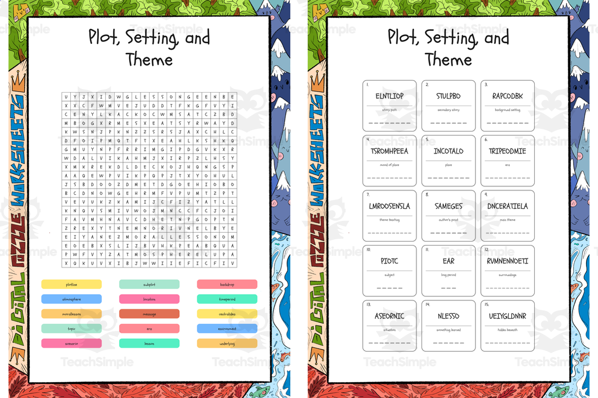 An educational teaching resource from Lapiiin Art Activities entitled Plot Setting and Theme word search, scramble and crossword puzzle downloadable at Teach Simple.