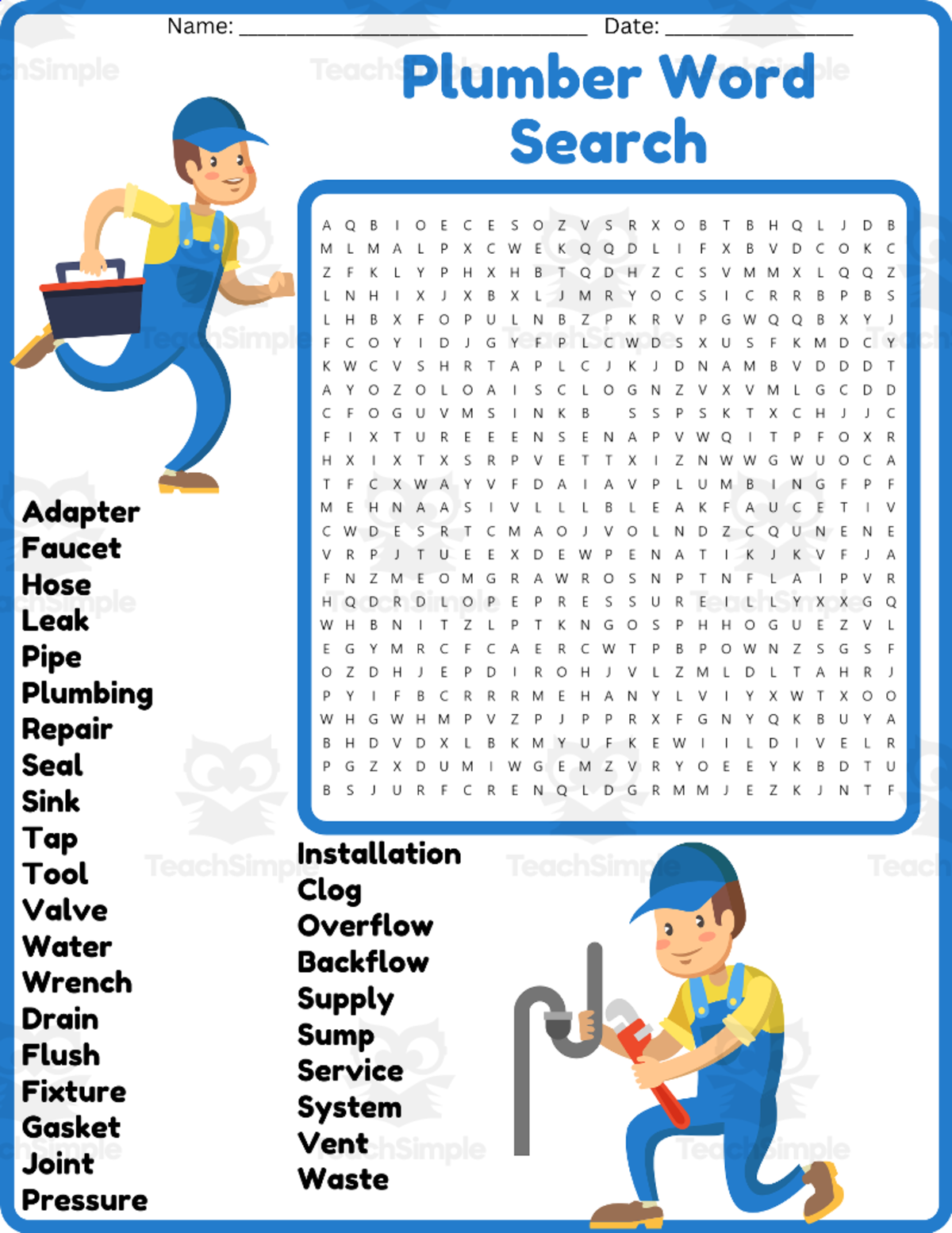 An educational teaching resource from space shope entitled Plumber Word Search Puzzle Worksheet Activities downloadable at Teach Simple.