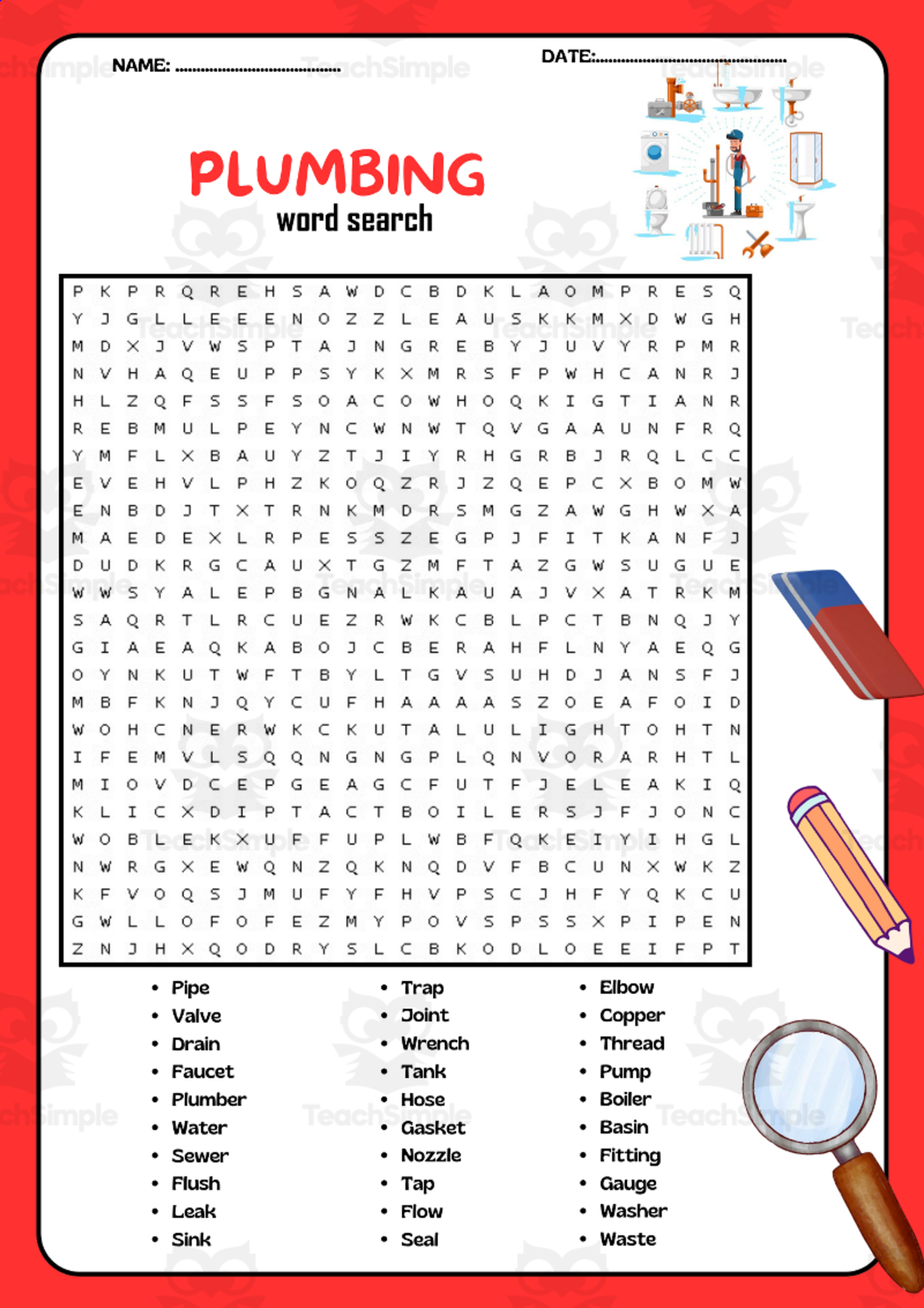Plumbing Word Search Puzzle Worksheet – Skilled Trades Vocabulary preview