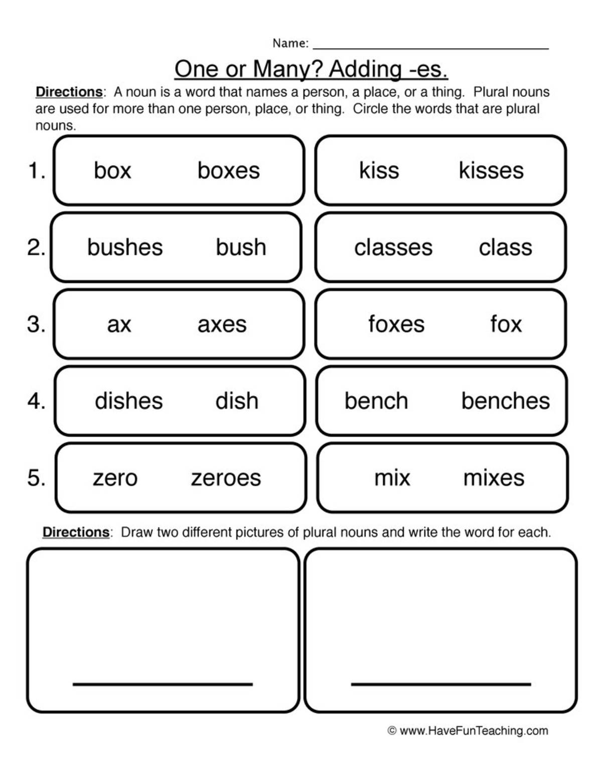 An educational teaching resource from Have Fun Teaching entitled Plural Noun Adding ES Worksheet downloadable at Teach Simple.