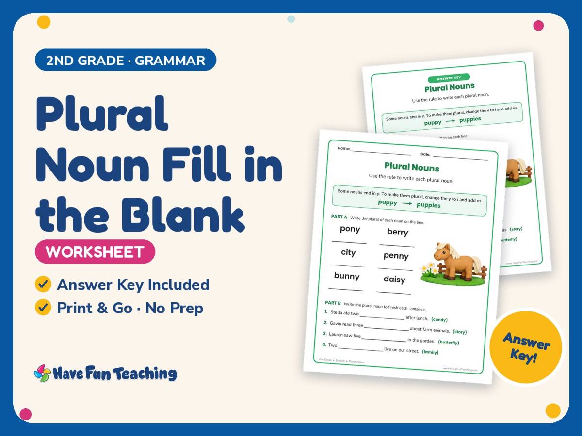 Plural Noun Fill in the Blank Worksheet – 2nd Grade Nouns & Suffixes preview