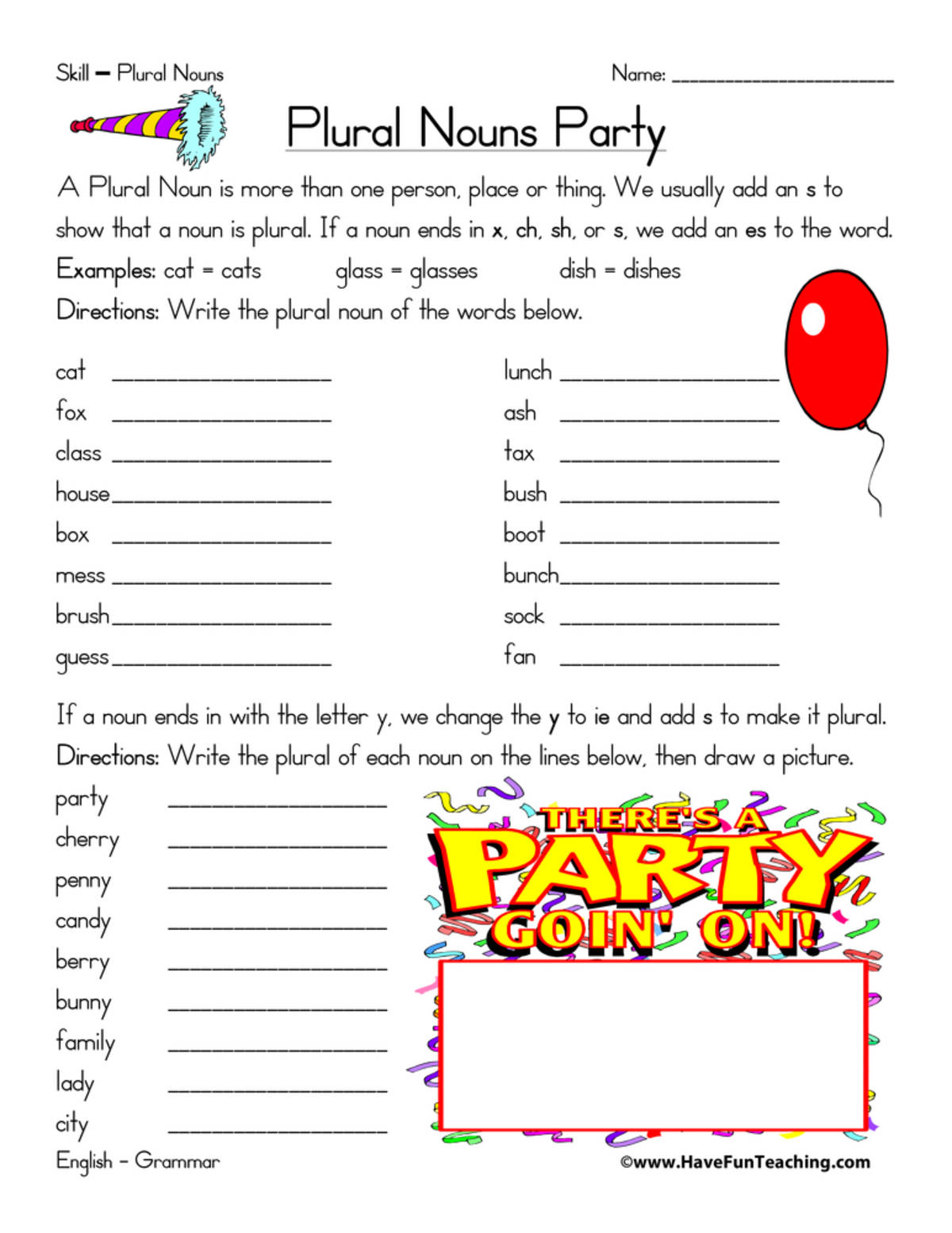 An educational teaching resource from Have Fun Teaching entitled Plural Noun Party Worksheet downloadable at Teach Simple.