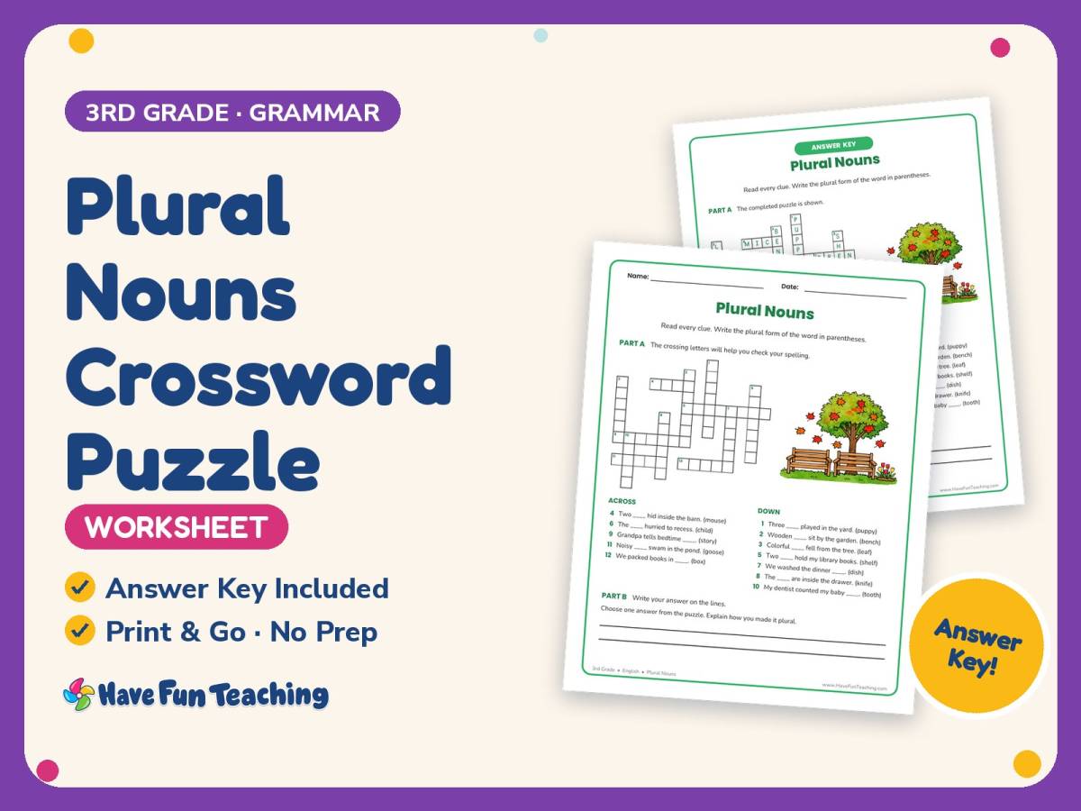 Plural Nouns Crossword Puzzle Worksheet – 3rd Grade Suffixes Practice preview