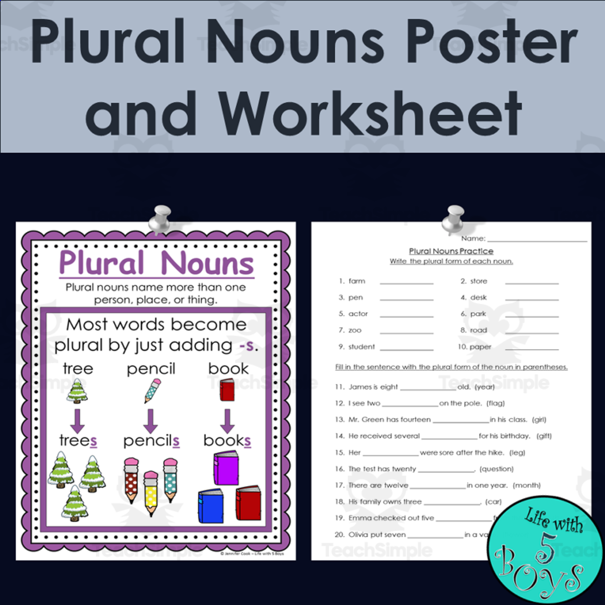 An educational teaching resource from Life with 5 Boys entitled Plural Nouns Grammar Poster and Worksheet downloadable at Teach Simple.
