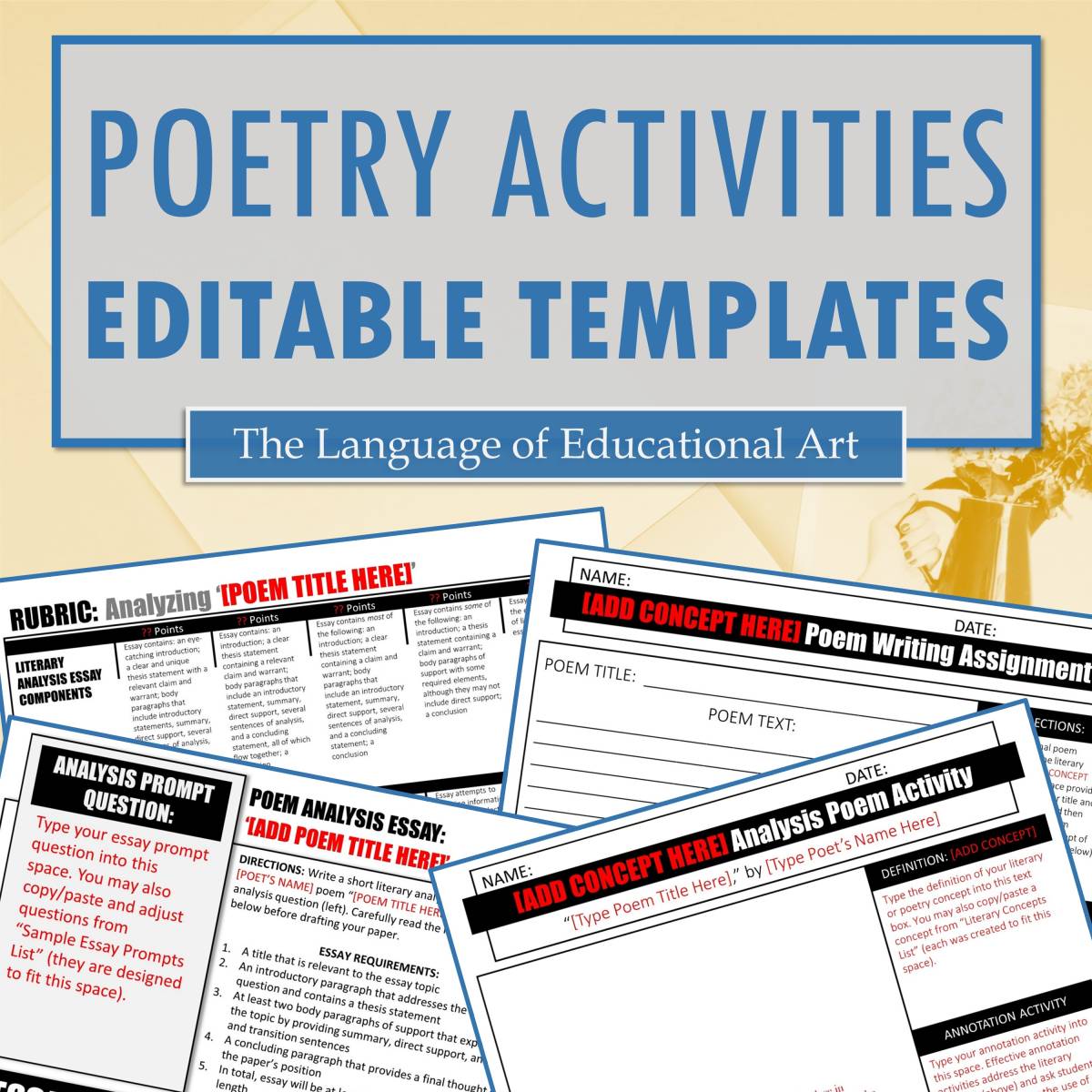 An educational teaching resource from The Language of Educational Art, LLC entitled Poetry Reading, Writing, & Analyzing Activities Editable Templates downloadable at Teach Simple.