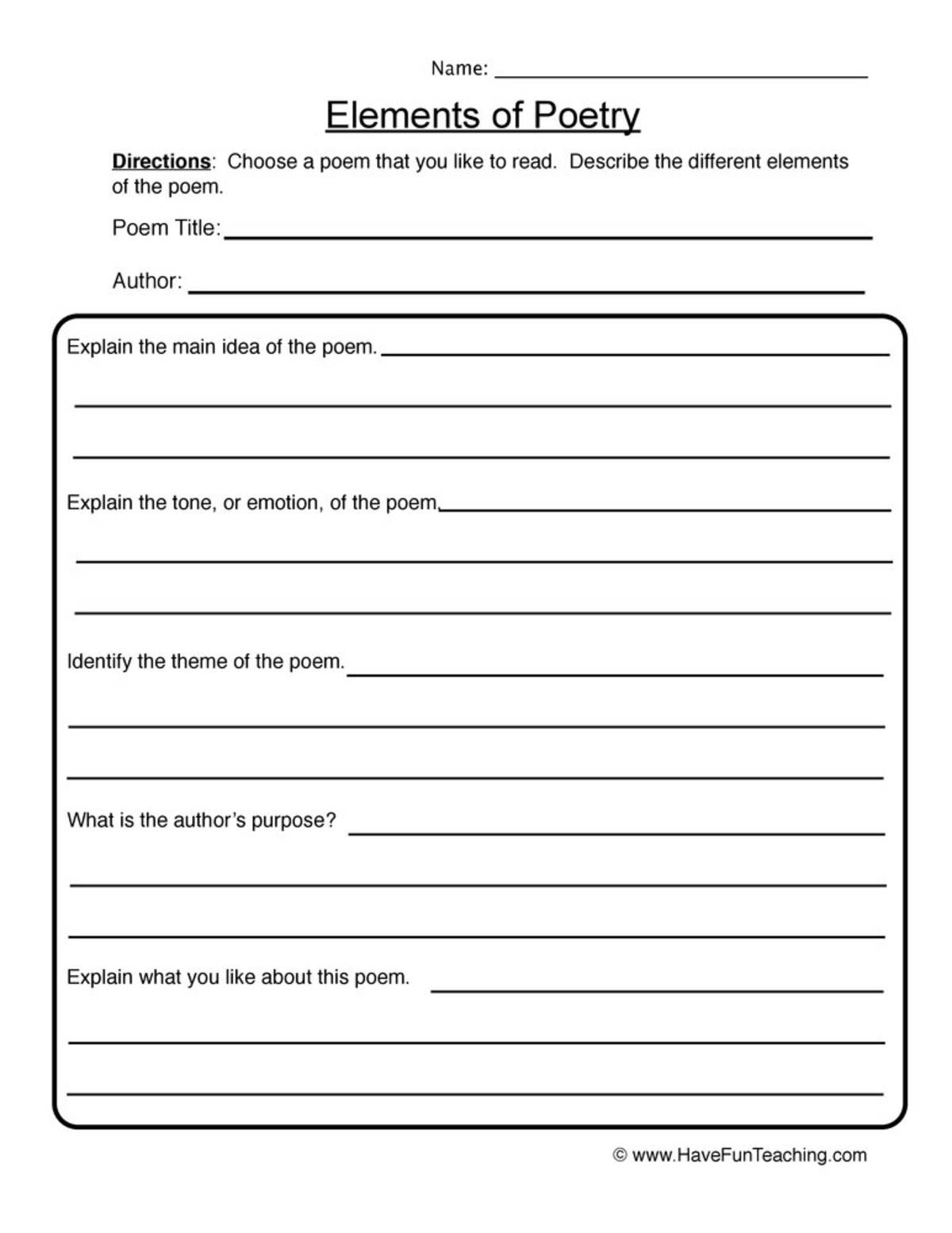 An educational teaching resource from Have Fun Teaching entitled Poetry Response Worksheet downloadable at Teach Simple.