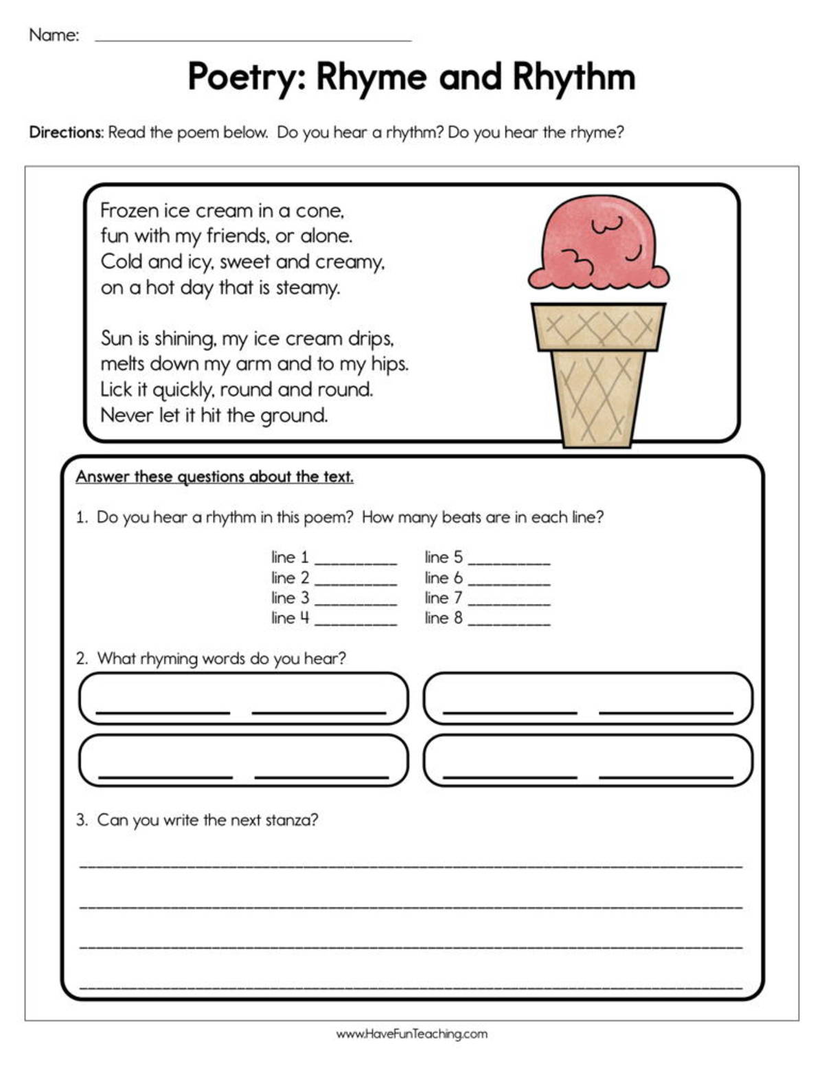 An educational teaching resource from Have Fun Teaching entitled Poetry Rhyme and Rhythm Worksheet downloadable at Teach Simple.