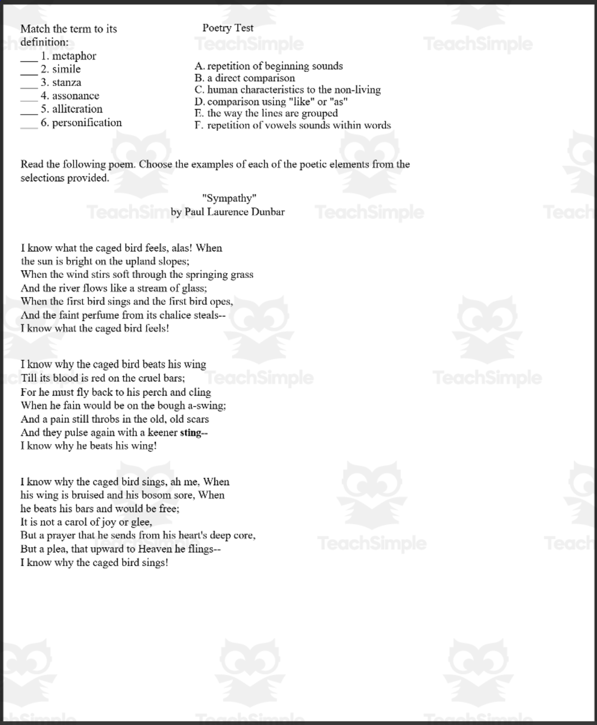 An educational teaching resource from The Education Lab entitled Poetry: Terms' Quiz downloadable at Teach Simple.