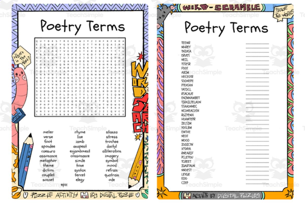 An educational teaching resource from Lapiiin Art Activities entitled Poetry Terms word search & scramble downloadable at Teach Simple.