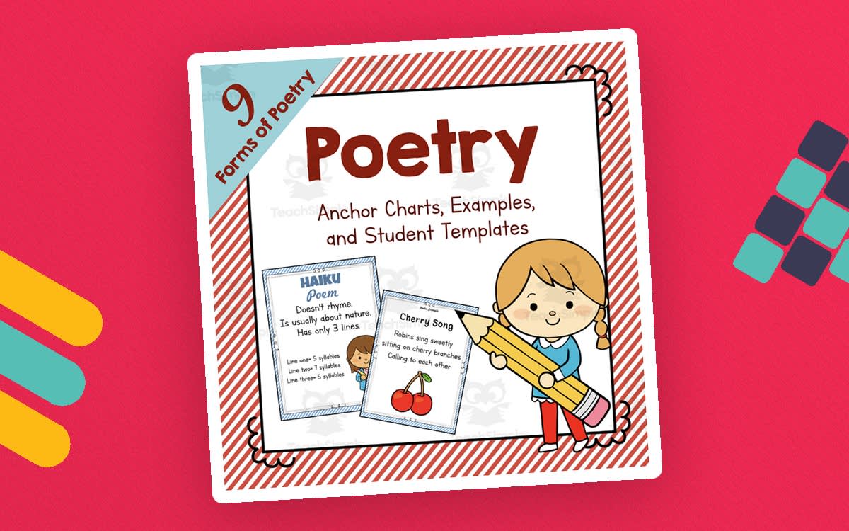 An educational teaching resource from Simply Schoolgirl entitled Poetry Unit: 9 Form of Poetry with Examples and Templates downloadable at Teach Simple.
