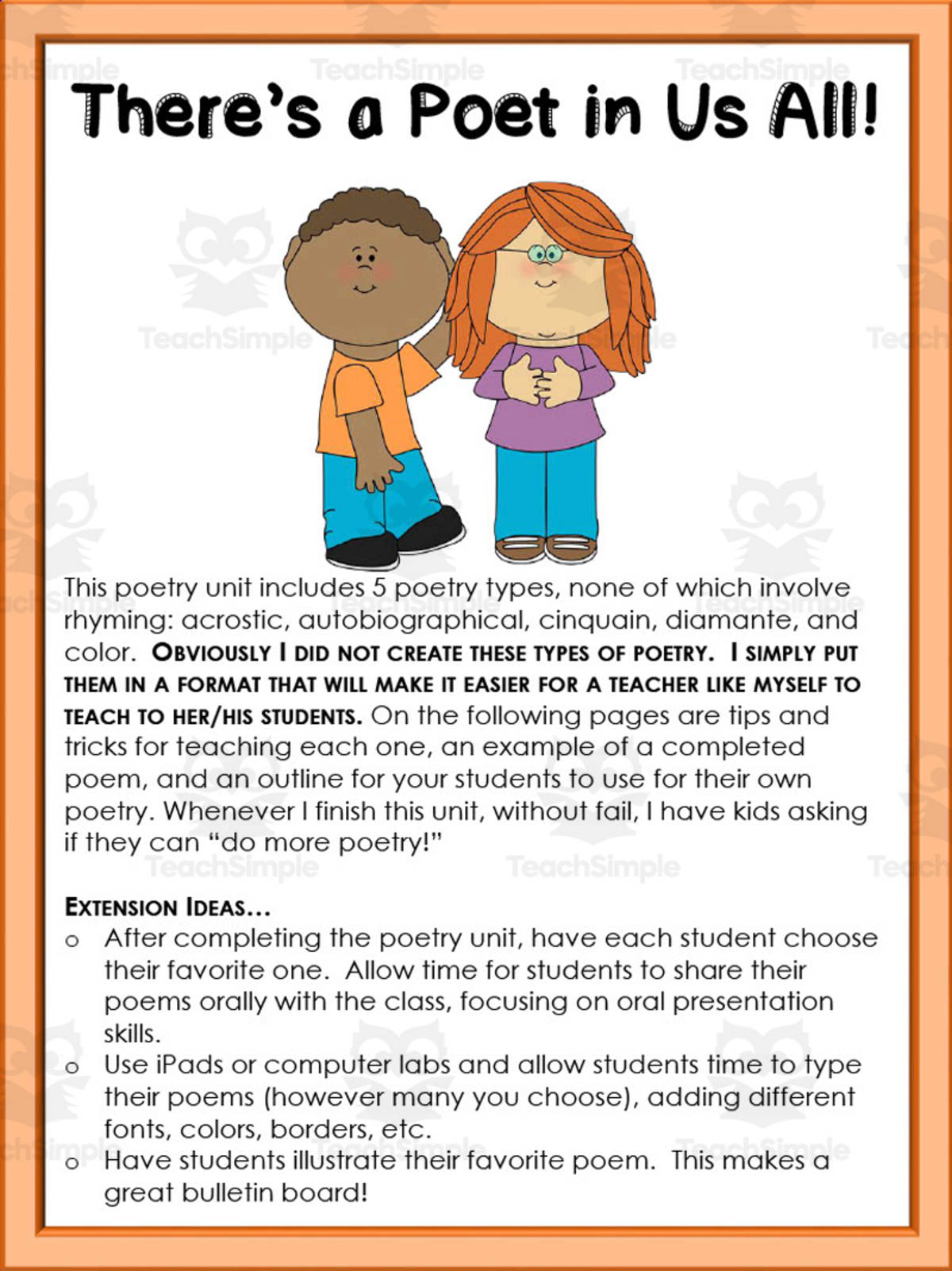 An educational teaching resource from At the Core entitled Poetry Unit downloadable at Teach Simple.