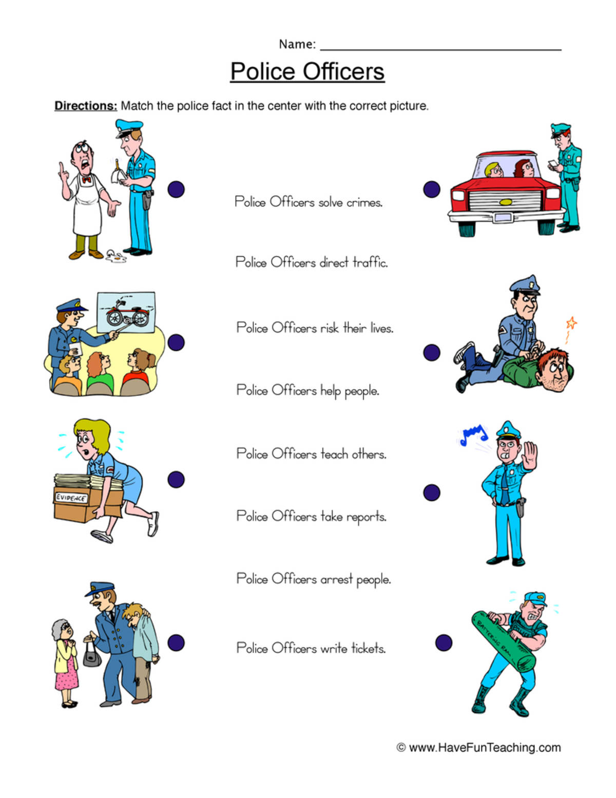 An educational teaching resource from Have Fun Teaching entitled Police Officers Matching Worksheet downloadable at Teach Simple.