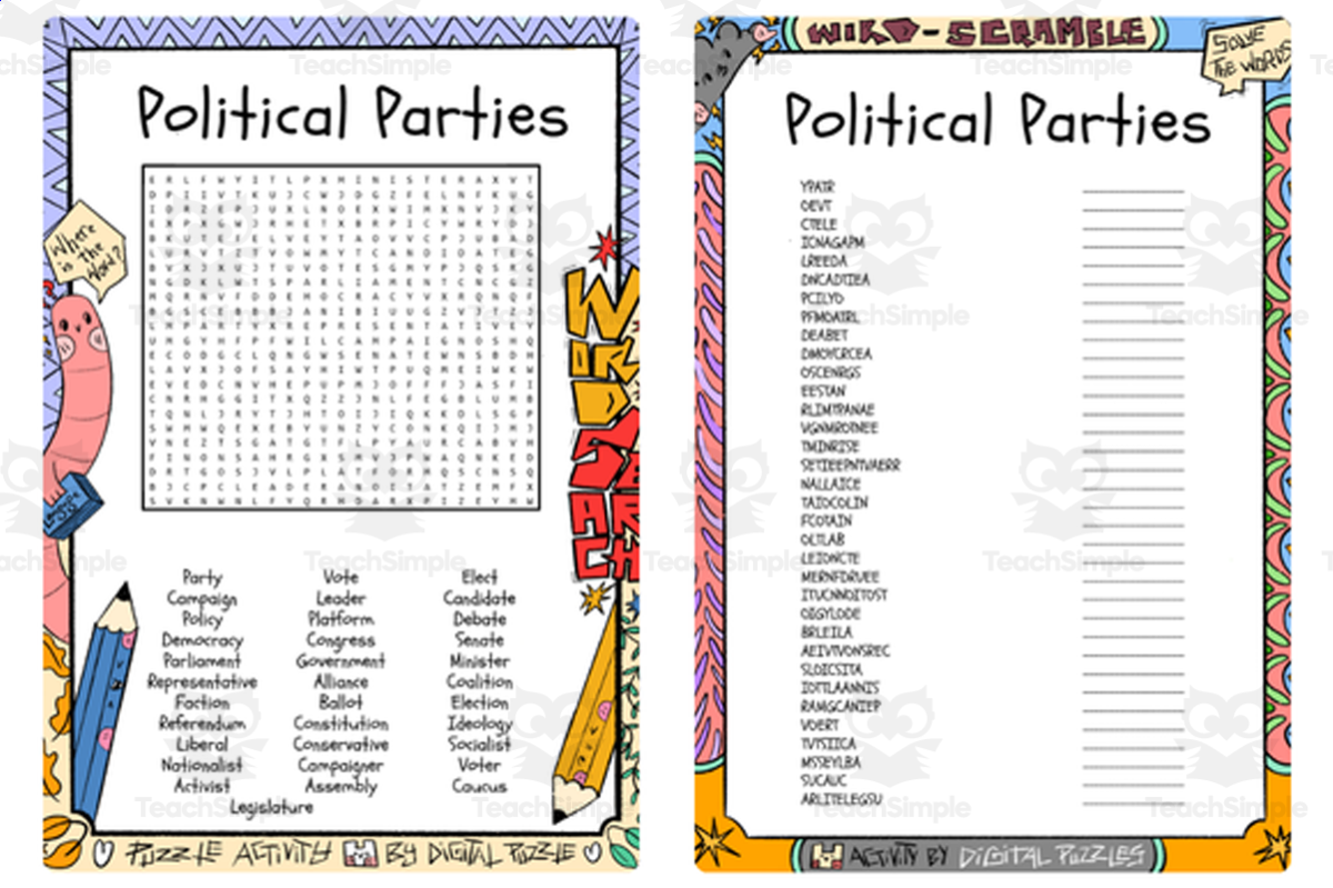 An educational teaching resource from Lapiiin Art Activities entitled Political Parties word search & scramble downloadable at Teach Simple.