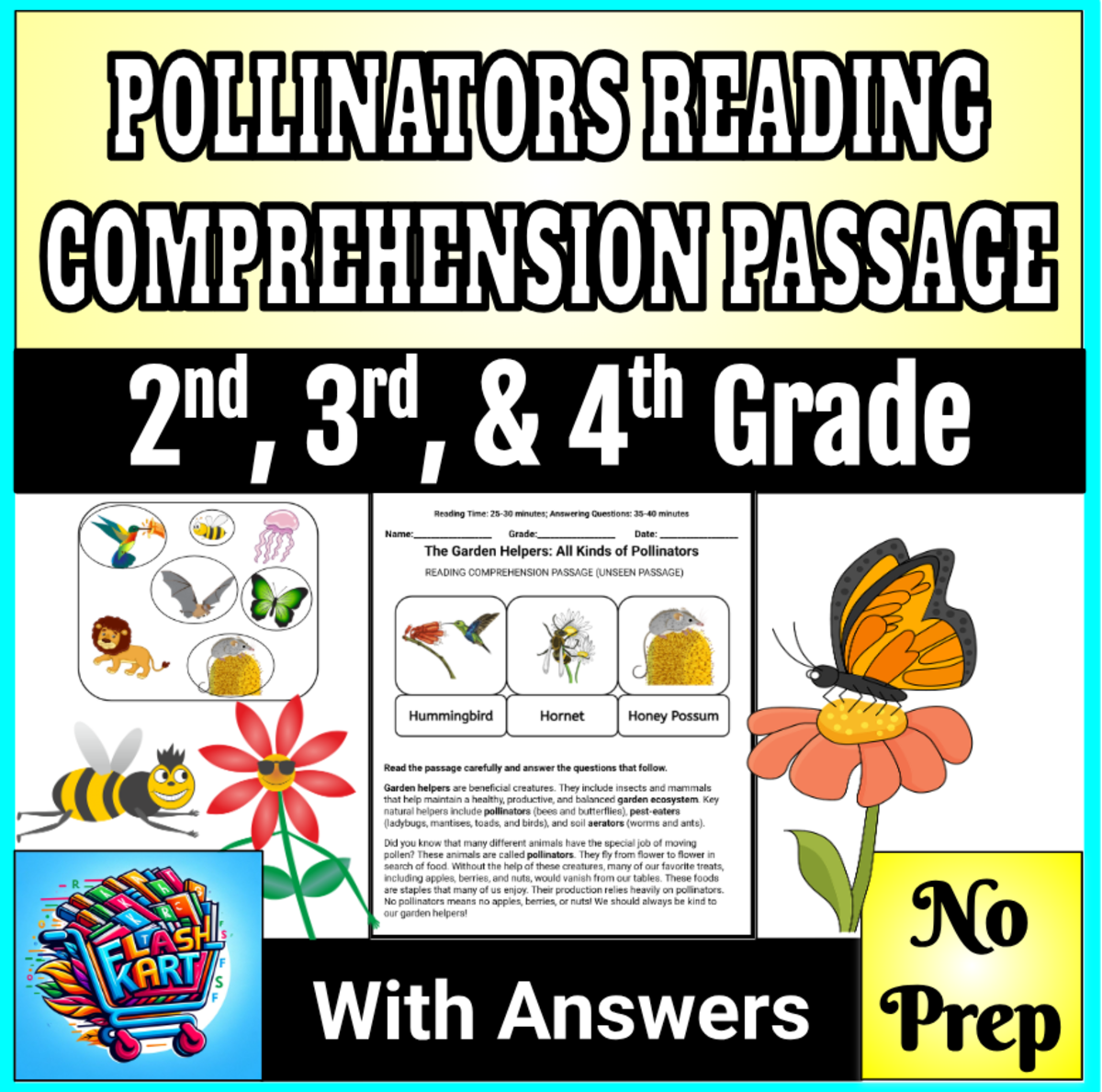 An educational teaching resource from FlashKart entitled Pollinators Reading Comprehension Passage for 2nd, 3rd, and 4th Grades downloadable at Teach Simple.