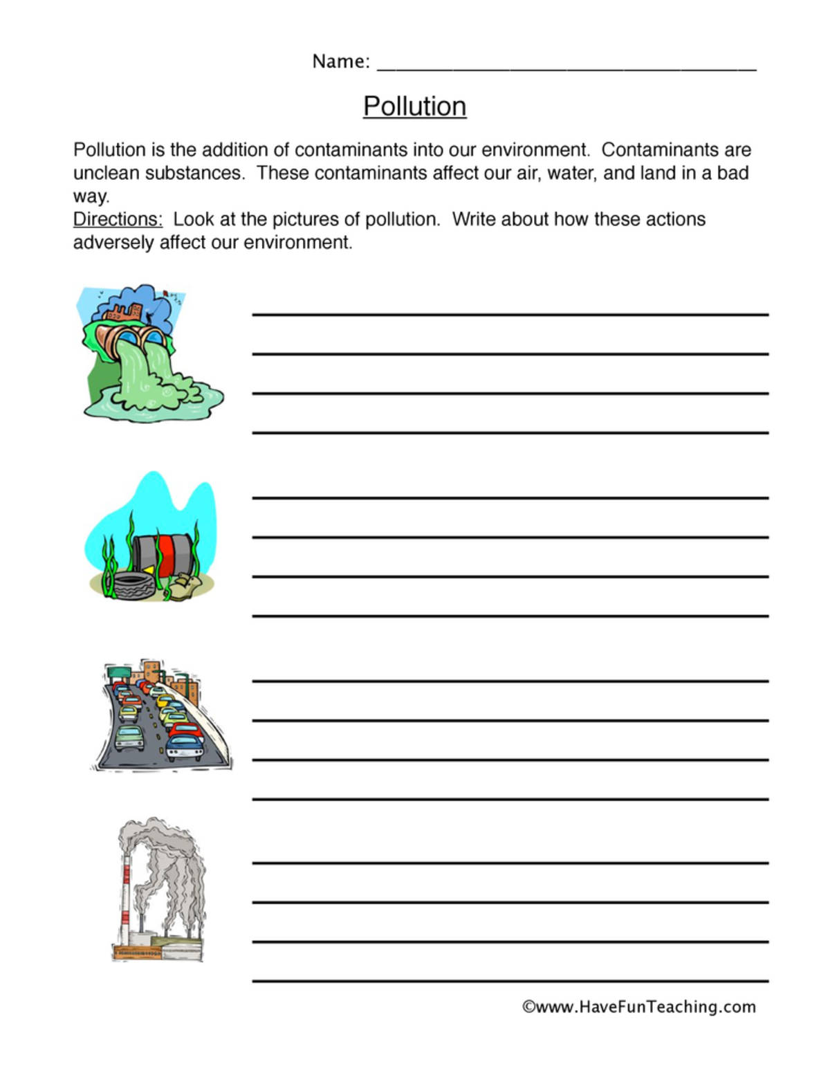 An educational teaching resource from Have Fun Teaching entitled Pollution Worksheet downloadable at Teach Simple.