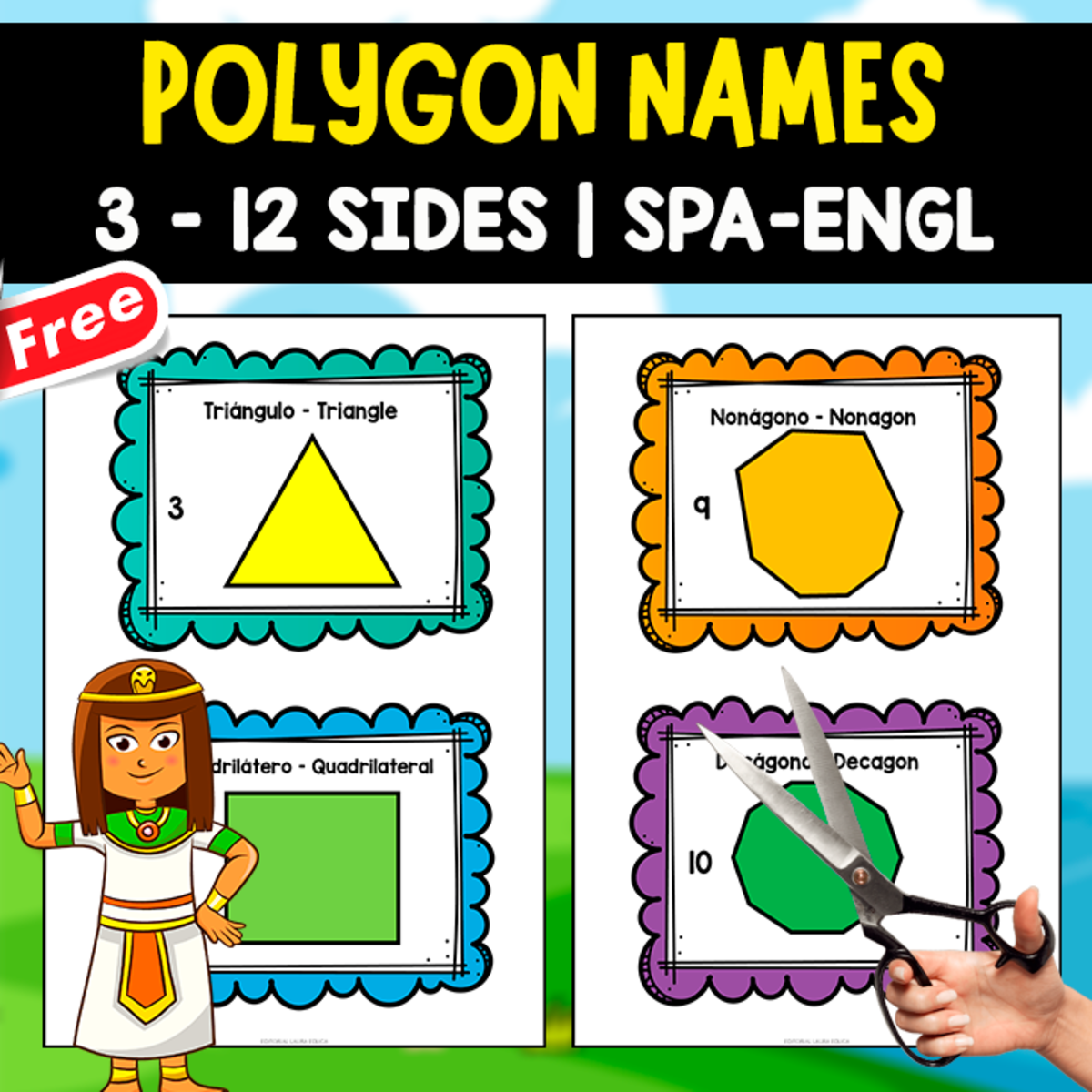 An educational teaching resource from EDITORIAL LAURA EDUCA entitled POLYGON NAMES FROM 3 TO 12 SIDES | ENGLISH-SPANISH RESOURCE downloadable at Teach Simple.