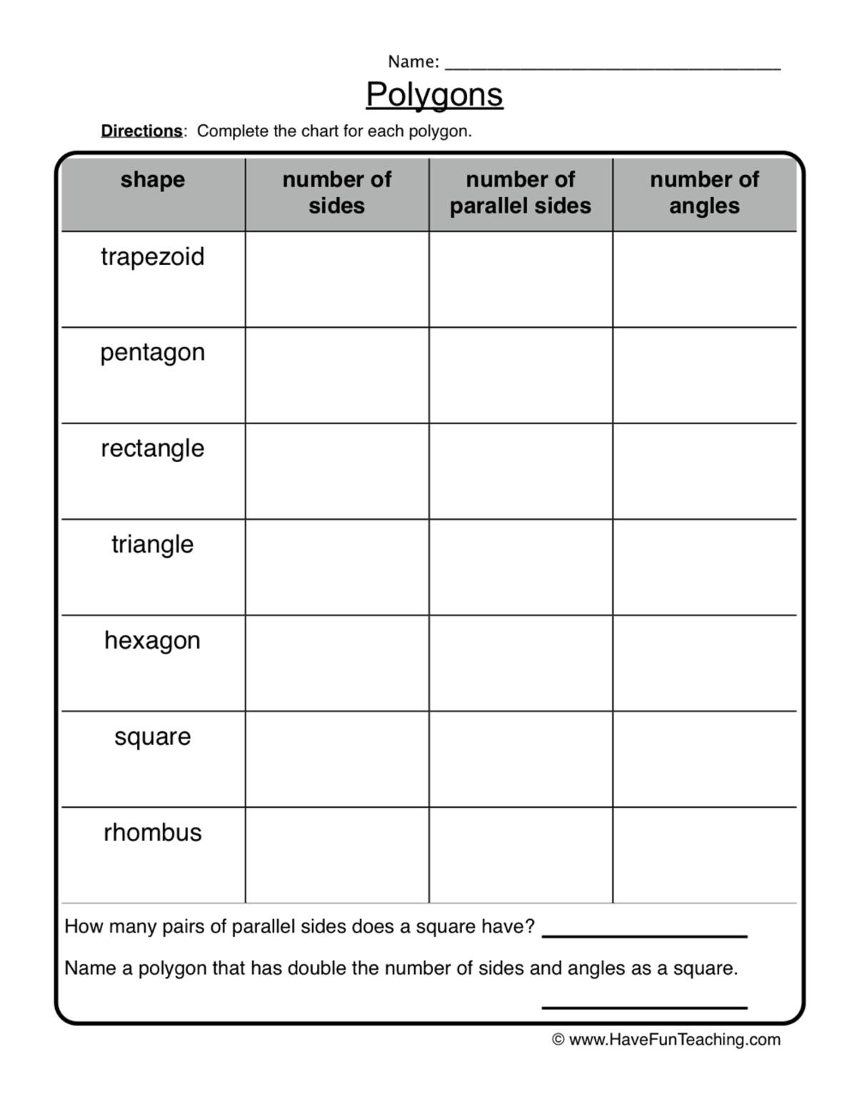 An educational teaching resource from Have Fun Teaching entitled Polygons Attributes Worksheet downloadable at Teach Simple.